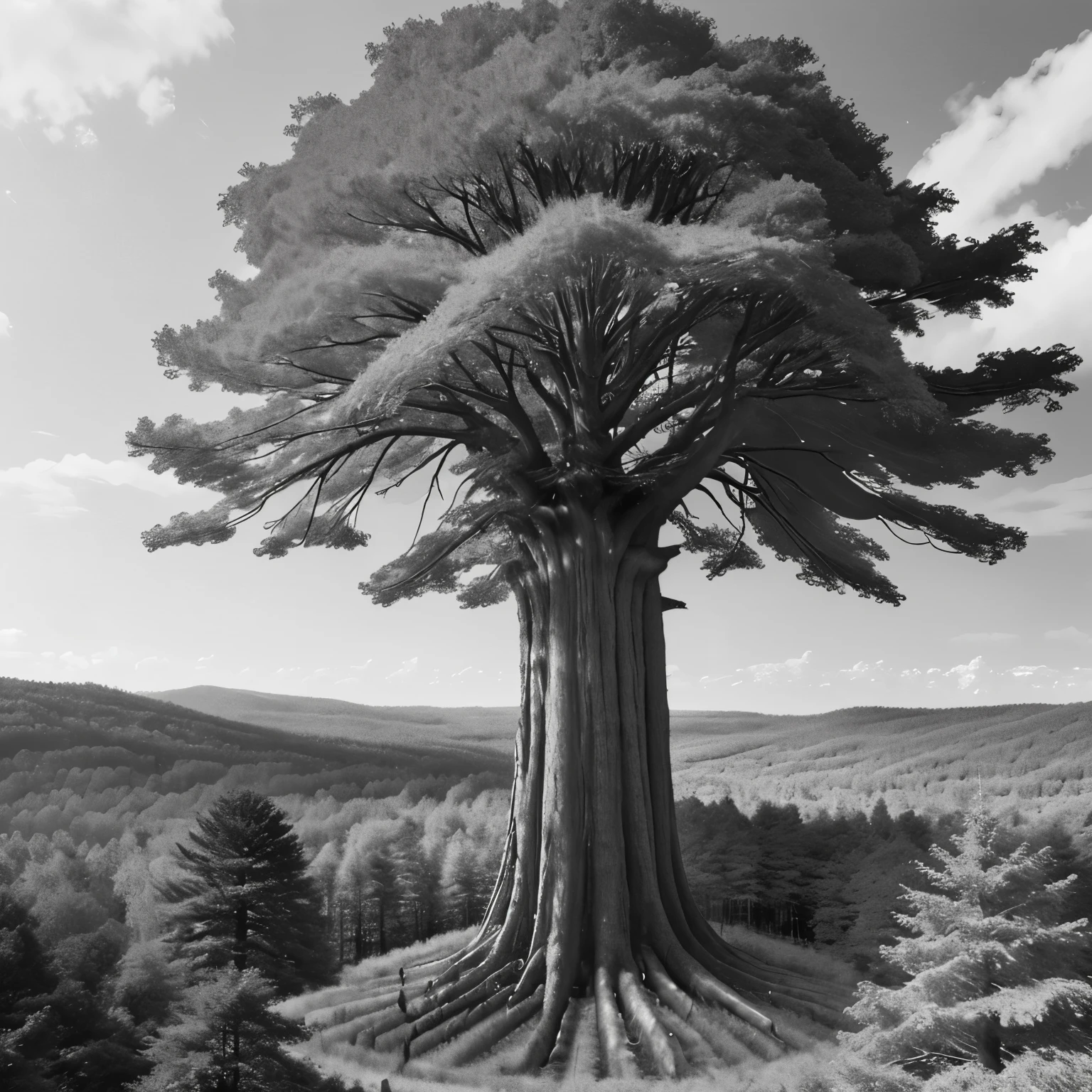 Generate manga vignettes with a forest landscape background with 4 giant trees 