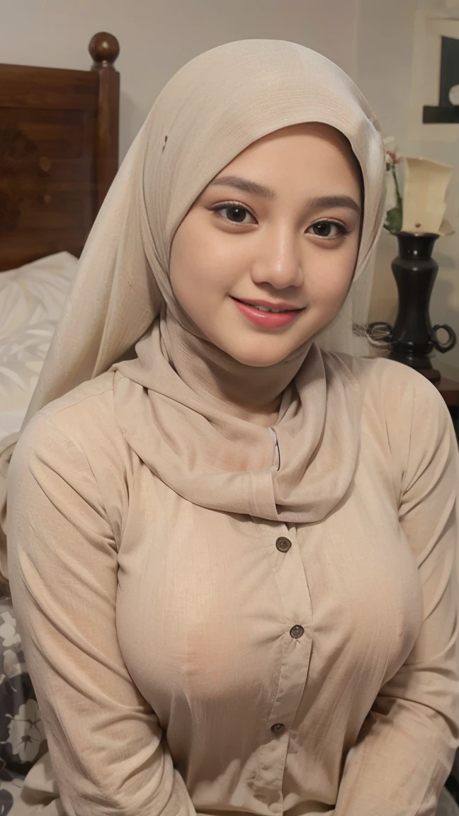 Super, Realistic, Selfie taken, See full body, luxury details, 8k, natural, realistic, amazing shots, ULTRA HD,
1 girl, 18 years old, smooth white face, white skin, smailing,  neat white teeth, big breasts, wearing a long white hijab covering the body, black hijab, with decorations on the hijab, Muslim clothes for worship, beautiful face, beautiful black face, cute, curly eyelashes, beautiful eyes , sweet smile, sitting on the bed, Indonesian Muslim, realistic, atmosphere in the room,