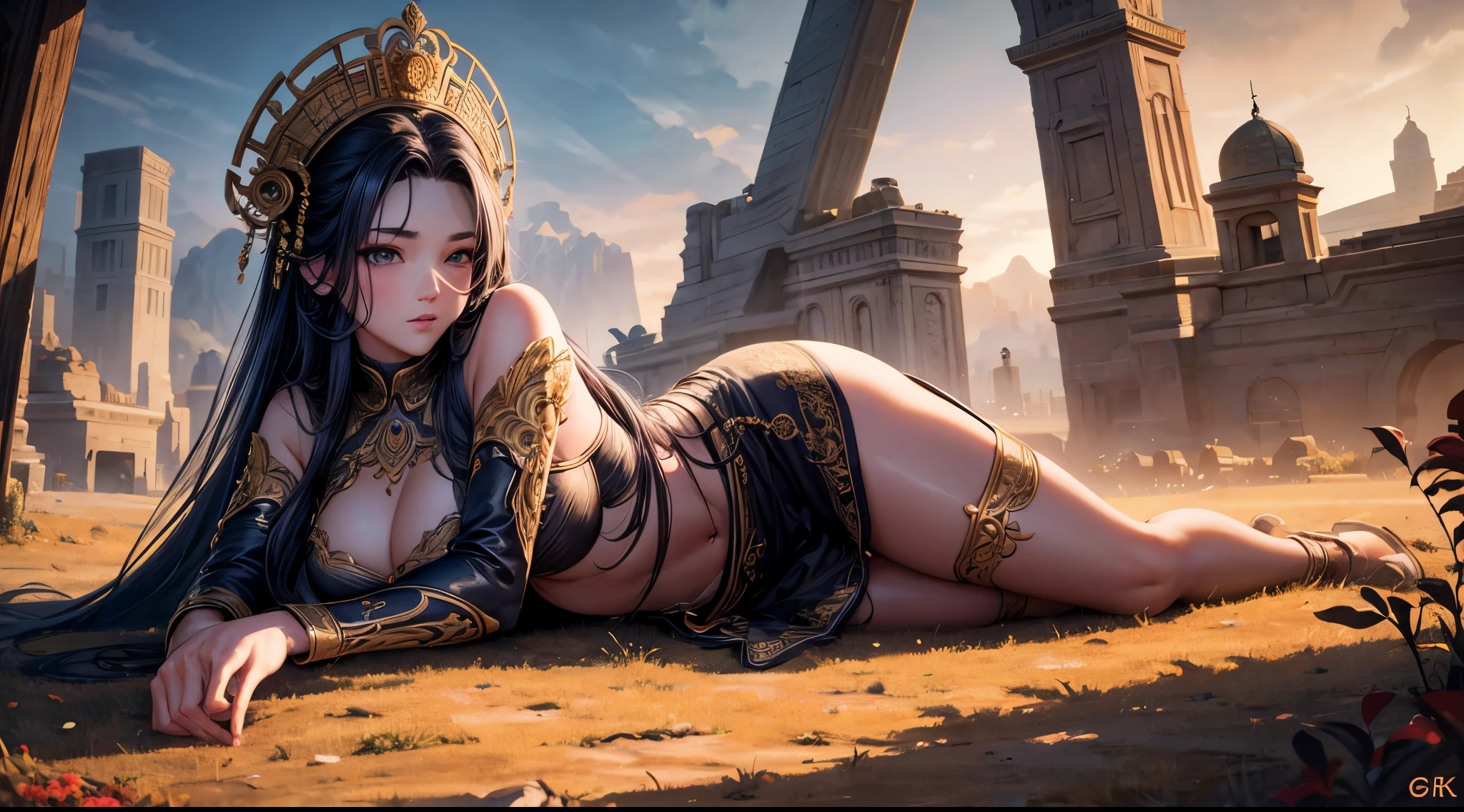 (Masterpiece), (best quality), (8k resolution), (wide angle lens), full body, sexy woman, half-Korean, beautiful, attractive, 27 years old, beautiful fine face, steppe landscape, big clock in the sky, gloomy mood, a Medusa riding at dusk, highest quality, Skin texture, intricate details, (cinematic lighting), RAW photo, 8k, masterpiece, best quality, ultra-detailed, highly detailed illustrations, extremely detailed, intricate details, high resolution, super complex details, extremely detailed 8k wallpaper, 