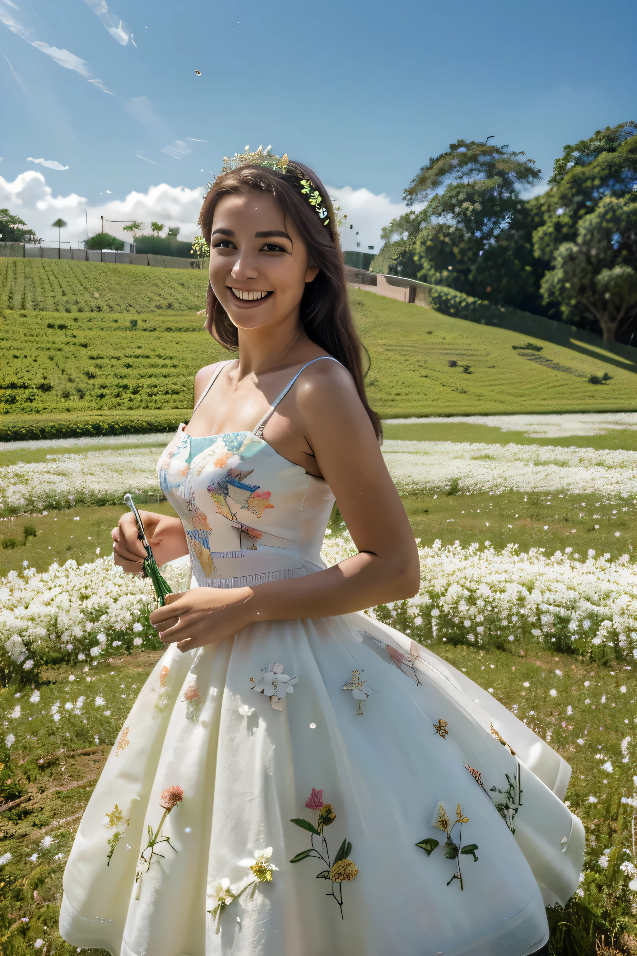 Melhor qualidade, obra de arte, Ultra high resolution (Fotorrealista: 1.4), Foto CRU, 1 garota, vestido branco, Ombros nus, campo de flores cor de rosa em flor, pele brilhante, leve sorriso