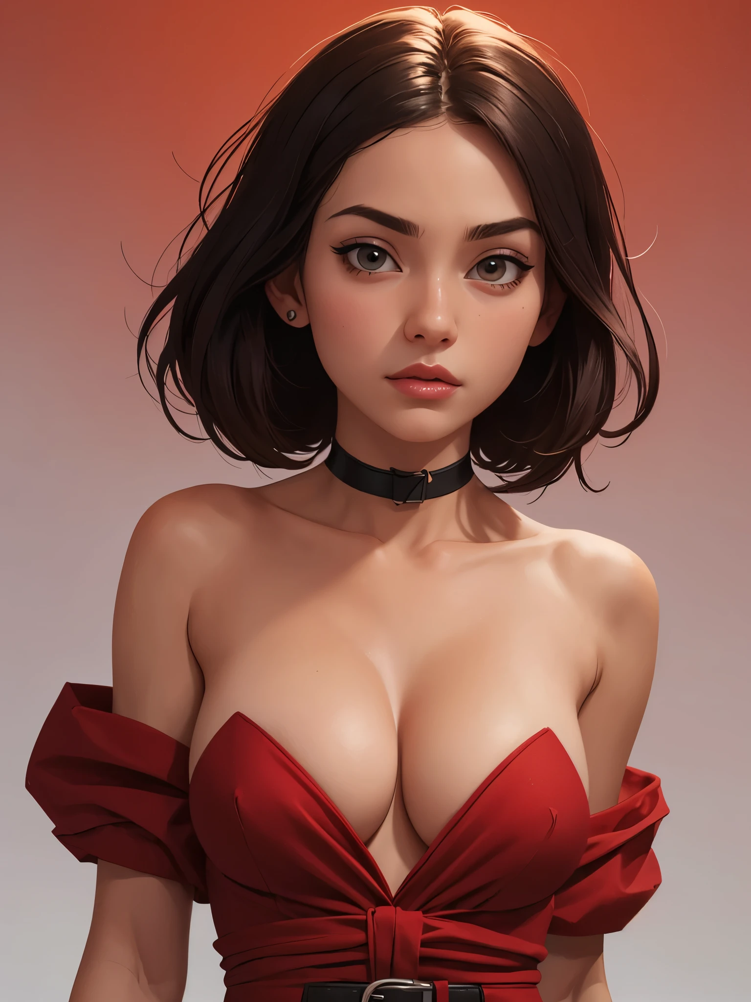 one asian girl, ada wong, solo, abs, slender body, (upper body, bust:1.2), black eyes, black hair, (short hair:1.3), choker, (red dress, tiny breasts, small breasts, male chest, cleavage, exposed breasts, open breasts, naked breasts:1.5), bare shoulders, belts, shoulder-belts, masterpiece, highly detailed, look at viewer, shiny blured orange background, gradient sprayed background, front view, gradient red purple background, blured background, glowing edges of image