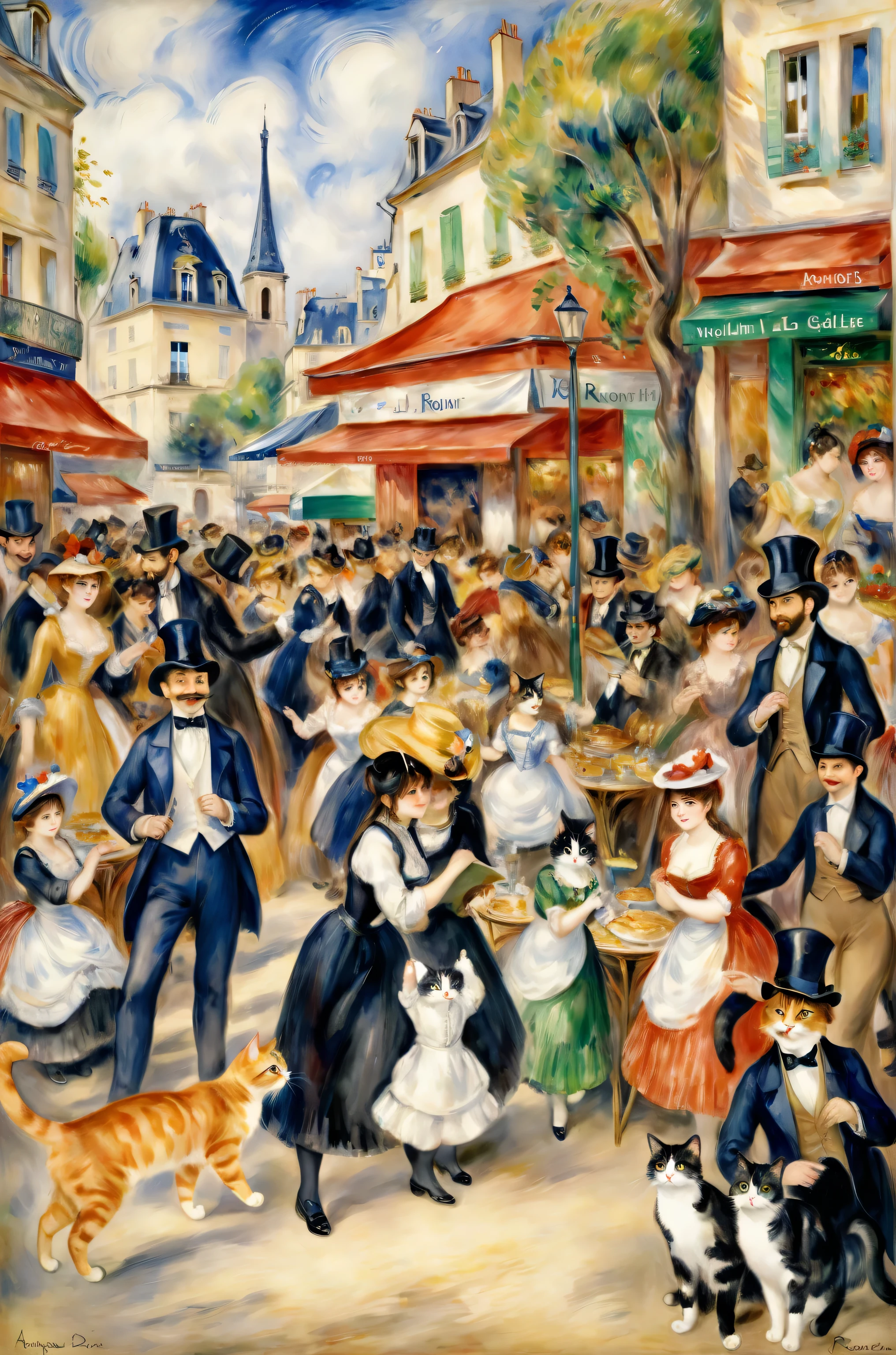 By Auguste Renoir「Moulin de la Galette」、All the characters are anthropomorphized cats、Expressive cat、High resolution, highest quality, highest quality, Paid rewards available, an unparalleled masterpiece, perfect artwork, disorganized, High quality illustrations, 超High resolution, detailed background, By Auguste Renoir、Watercolor and ink、intricate details、fantasy、beautiful、fantasy、Paris city、memory、nature、Western Town Square、perfect composition、Artistic style watercolor sketch、Big Strokes、Finished with ink、Fine Lines、highest quality、masterpiece