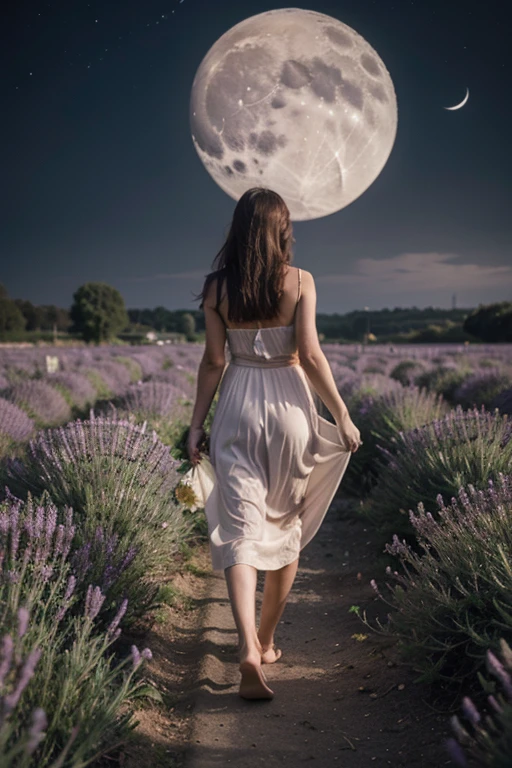 Princess walking away from me in a lavender field on a moonlight day. Make her dress long and need a moon on sky. Dark sky and dont show face