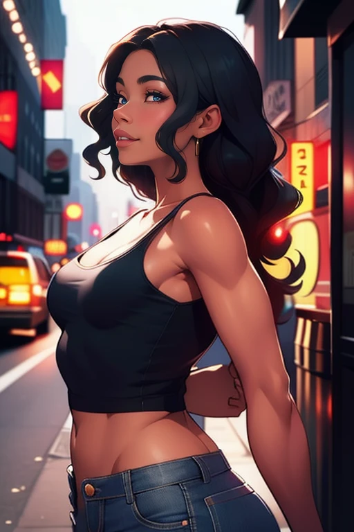 cute black woman, long curly dark hair, ((dark skin)), black skin, woman in a New York alley, shops, illuminated signs, night, graffiti, tight light blue jeans, jeans jacket, tank top pulled up over tits, ((small breasts)), arms behind back, Looking up,upper body shot, full color picture, full color picture, vibrant colors, realistic animation style, very detailed, very detailed, high detailed textures, depth of field,
