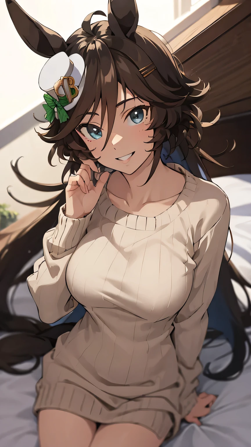 UHD, masterpiece, textured skin, super detail, high details, high quality, award winning, best quality, highres,NSFW,on the bed,Mr. C.B. (umamusume),smile,aran sweater,clothes down