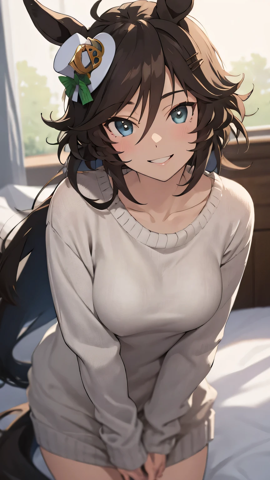 UHD, masterpiece, textured skin, super detail, high details, high quality, award winning, best quality, highres,NSFW,on the bed,Mr. C.B. (umamusume),smile,aran sweater,clothes down