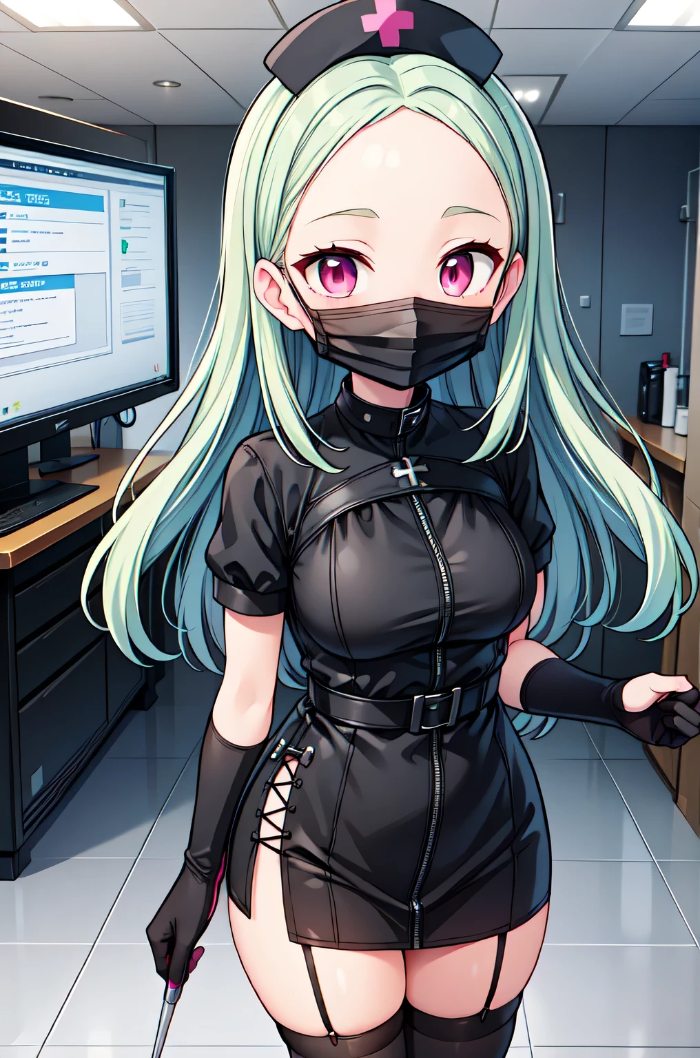 black nurse, 1girl, solo, black nurse cap, black nurse uniform, ((black legwear, zettai ryouiki)), black elbow gloves, pink hair, green eyes, drooping eyes, ((black surgical mask, covered nose)), standing, ((surgery room)), sharp outline, short sleeves, best quality, masterpiece