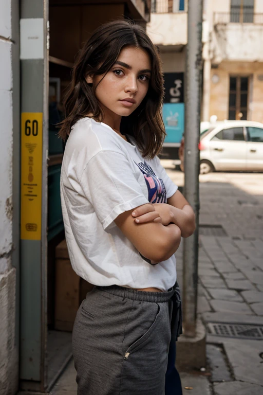 "Visualiza a una mujer joven con cabello corto y rizado, vistiendo ropa urbana y moderna. His eyes reflect determination and curiosity, mientras sostiene un dispositivo inteligente en la mano. En el fondo, you can see elements of everyday life mixed with technology, como pantallas