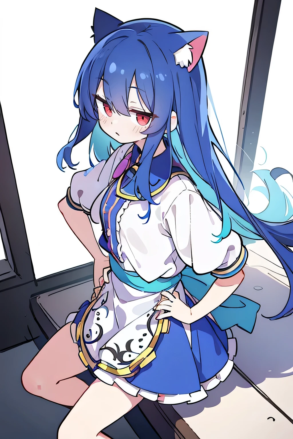 (masterpiece),best quality, expressive eyes, perfect face, 1girl,
Put your hands on your waist,fair, Gorgeous,Japanese cartoons,girl,lola,Hina Angel, blue hair, blue haired, floating clothes,Grab your waist, Grab your waist, hands on hips , hands on hips,sit, sit on ground, Legs on the ground, flat chest,cat ears,