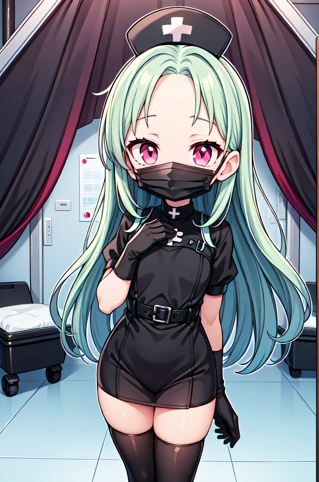 black nurse, 1woman, solo, black nurse cap, black nurse uniform, ((black legwear, zettai ryouiki)), black elbow gloves, forehead, long hair, green hair, pink eyes, ((black surgical mask, covered nose)), standing, ((surgery room)), sharp outline, short sleeves, mature female, 35 years old, best quality, masterpiece