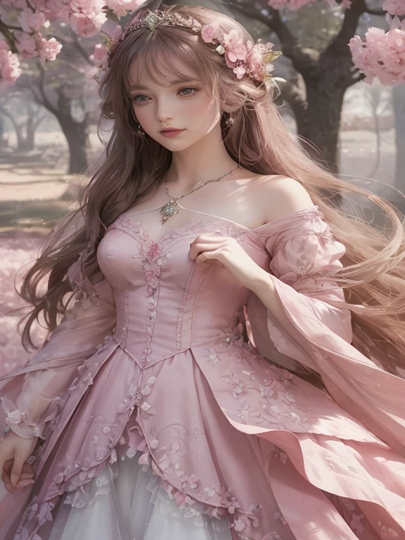 a woman in a pink dress is standing under a tree, fantasy dress, fantasy style clothing, beautiful fantasy maiden, romantic , fantasy outfit, ethereal fantasy, ethereal fairytale, pink dress, ethereal beauty, dressed in a pink dress, fantasy art style, magical dress, beautiful elven princess, ((a beautiful fantasy empress)), anime princess, fantasy aesthetic!