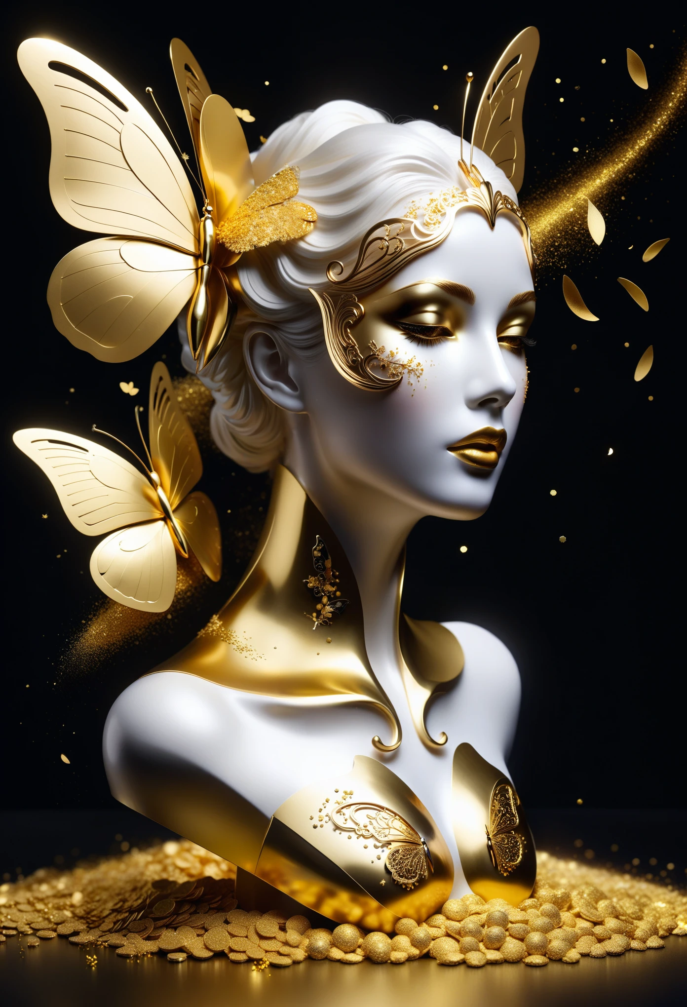 gold leaf art:1.5.Made of platinum,Golden mask,statue,Flowing golden sands,Still Life Table Setting,dark background,Woman portrait sculpture,look up,Golden butterfly on cheek,Hollow butterfly wings,Gold Crumbs,Gold particles,modern style, High resolution, artwork,Advanced complex technology,Gold confetti falling in the air,Gold foil confetti:1.5