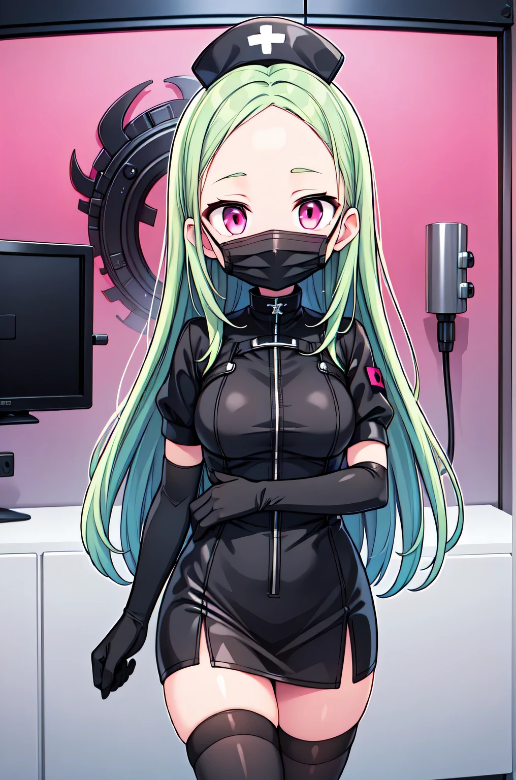 black nurse, 1woman, solo, black nurse cap, black nurse uniform, ((black legwear, zettai ryouiki)), black elbow gloves, forehead, long hair, green hair, pink eyes, ((black surgical mask, covered nose)), standing, ((surgery room)), sharp outline, short sleeves, mature female, 35 years old, best quality, masterpiece