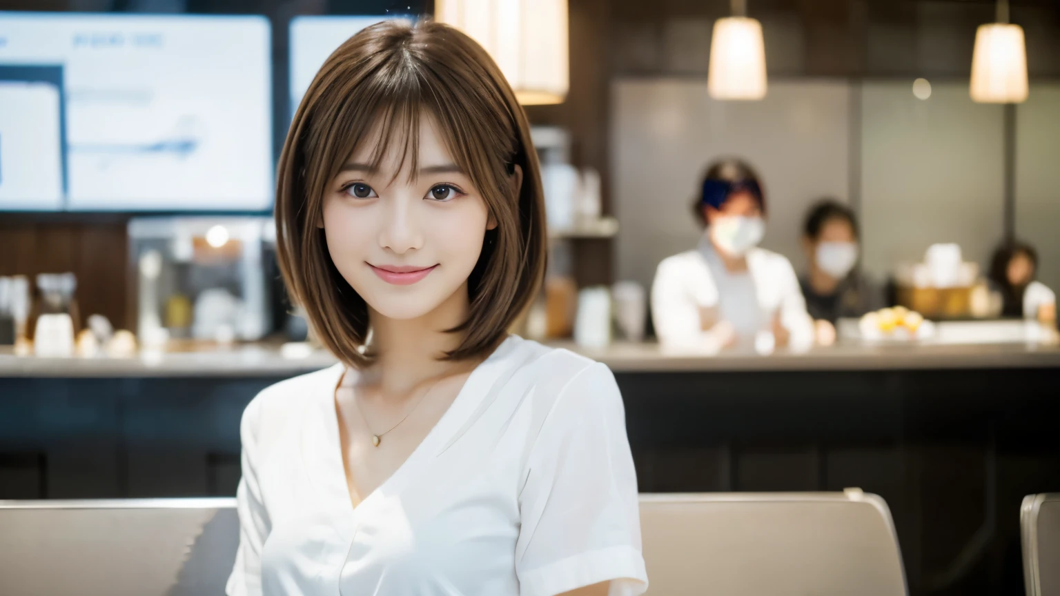 young japanese woman, 30 generations, white background, Background of the stylish cafe interior at the airport, white brown hair, thin, 4k, 8K, high quality, beauty, smile, beautiful eyes, It is characterized by its simplicity, High resolution,1 person,Clean clothes, Waiting for an overseas flight at an airport cafe