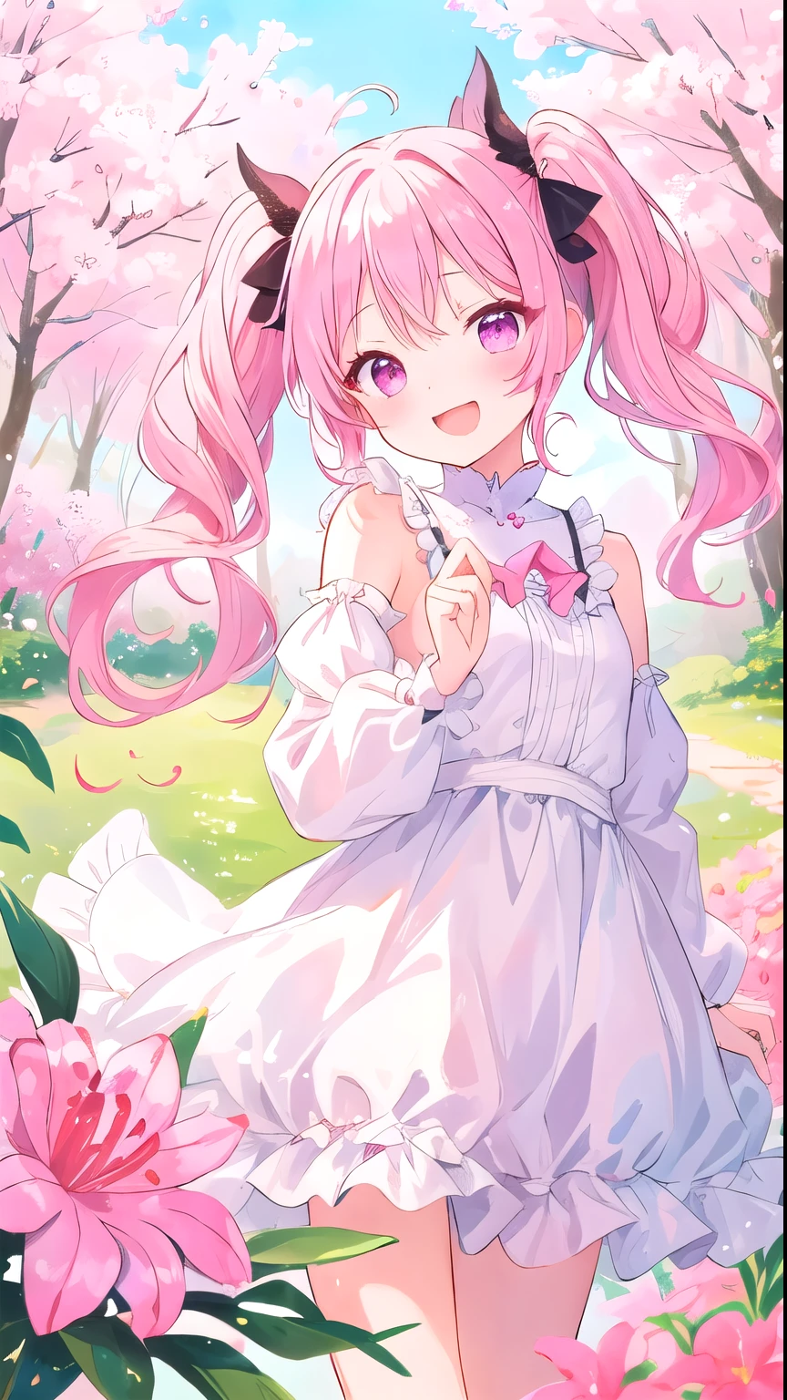 masterpiece, best quality, ultra-detailed, illustration, Azalea, spring, cute, Girl, Solo, laugh, Azalea, pink hair, White hair, twin tails