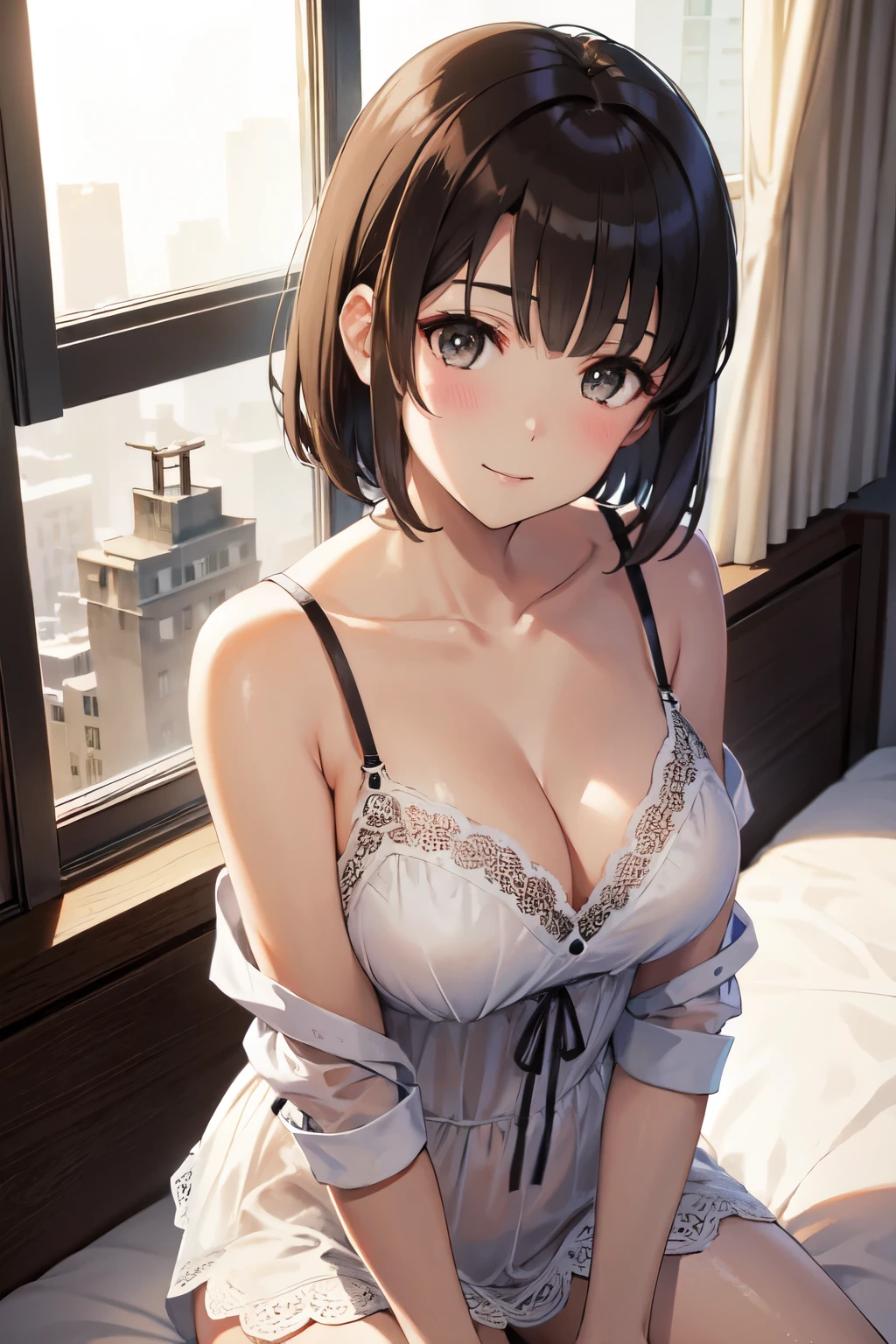(((masterpiece:1.6, best quality), (finely detailed beautiful eyes: 1.2),  ph_katou, katouhdlong, katouhd, 1girl, solo, brown hair, bangs, holding, short hair, smile, brown eyes, blush, closed mouth, breasts,  medium breasts, backlighting)),((bedroom view, window background, trees, buildings,bed)),((lingerie,sexy pose, pov, sitting on bed))

