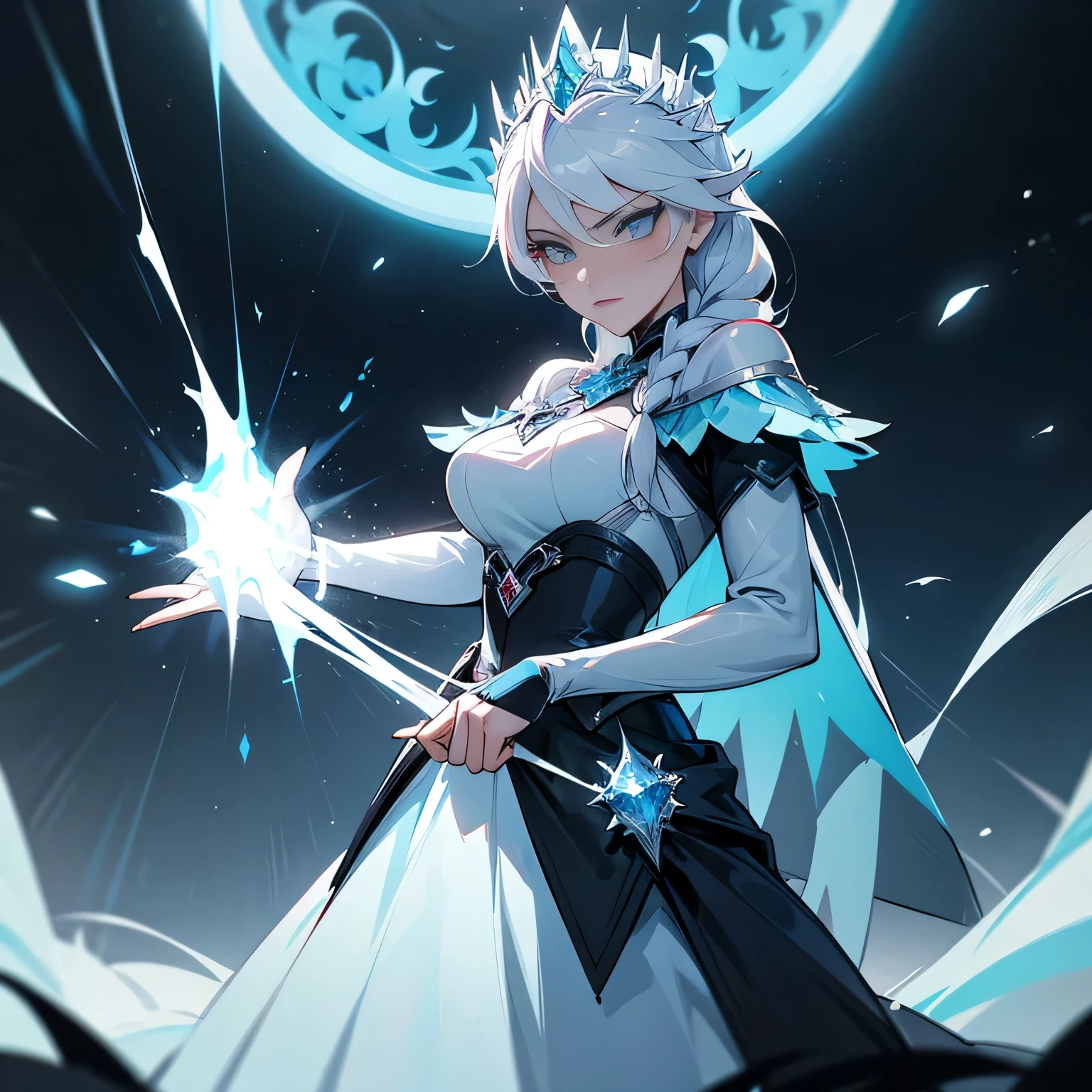 "Erstelle ein Bild von Disney's Elsa als Bad Girl. Stelle dir vor, Elsa has turned away from her classic image as an icy queen and is now a rebellious and confident figure. She wears dark, lederne Outfits mit Nieten und schwarzem Make-up. Her hair is wild and untamed. She no longer uses her icy powers for the benefit of others, but for their own selfish goals. She rules her empire with an iron fist and uses her magic to oppress the population. Despite her dark character, there may still be a spark of goodness in her, der gelegentlich durchscheint. Das Bild soll die dunklere Seite von Elsa betonen und die Zuschauer dazu bringen, to reflect on the nature of good and evil."