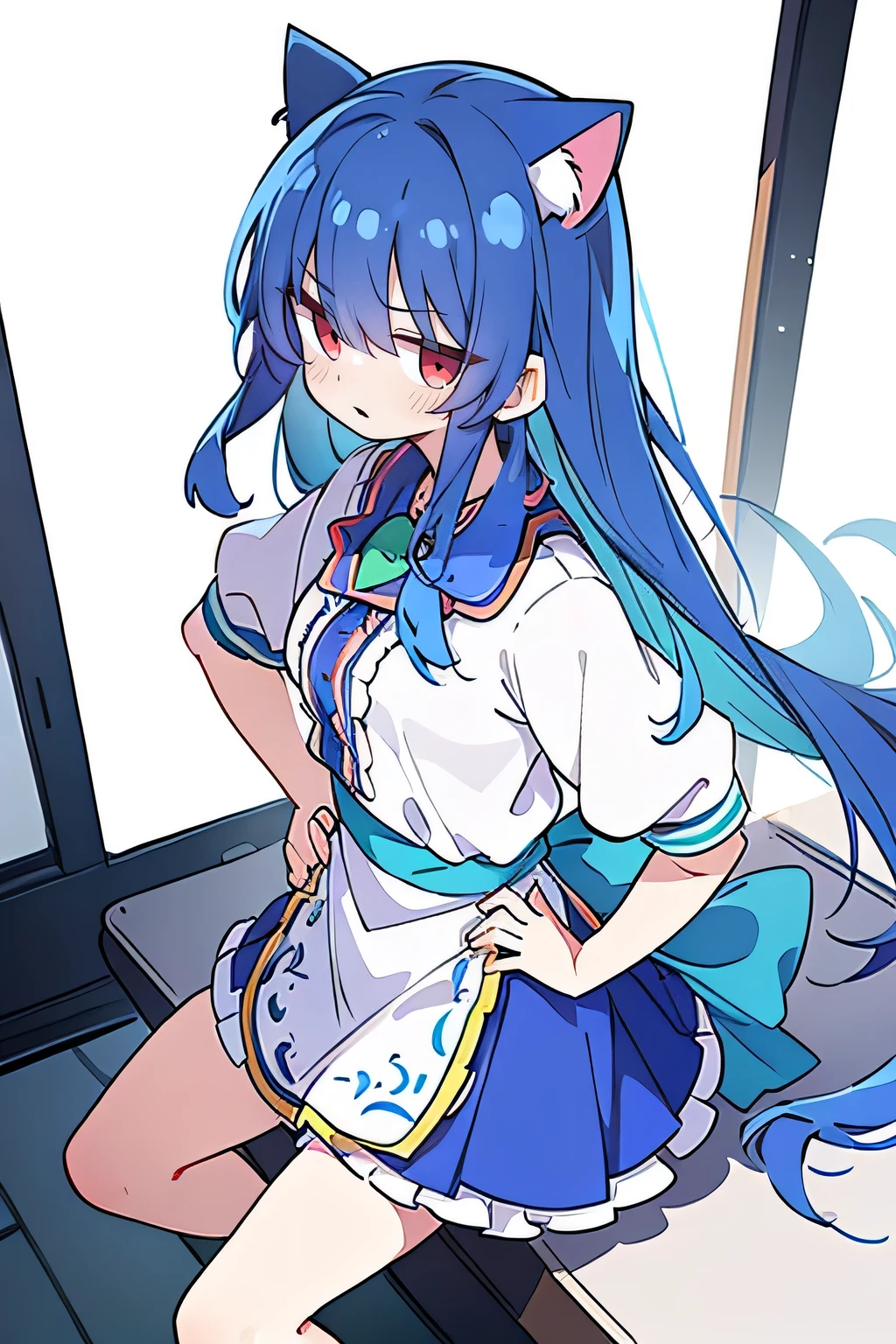 (masterpiece),best quality, expressive eyes, perfect face, 1girl,
 Put your hands on your waist,fair, Gorgeous,Japanese cartoons,girl,lola,Hina Angel, blue hair, blue haired, floating clothes,Grab your waist, Grab your waist, hands on hips , hands on hips,sit, sit on ground, Legs on the ground, flat chest,cat ears,