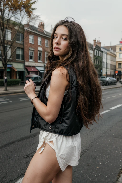 full body photograph of a brunette woman with wavy hair, 21 years old, realistic photo, in street, (Flak vest)