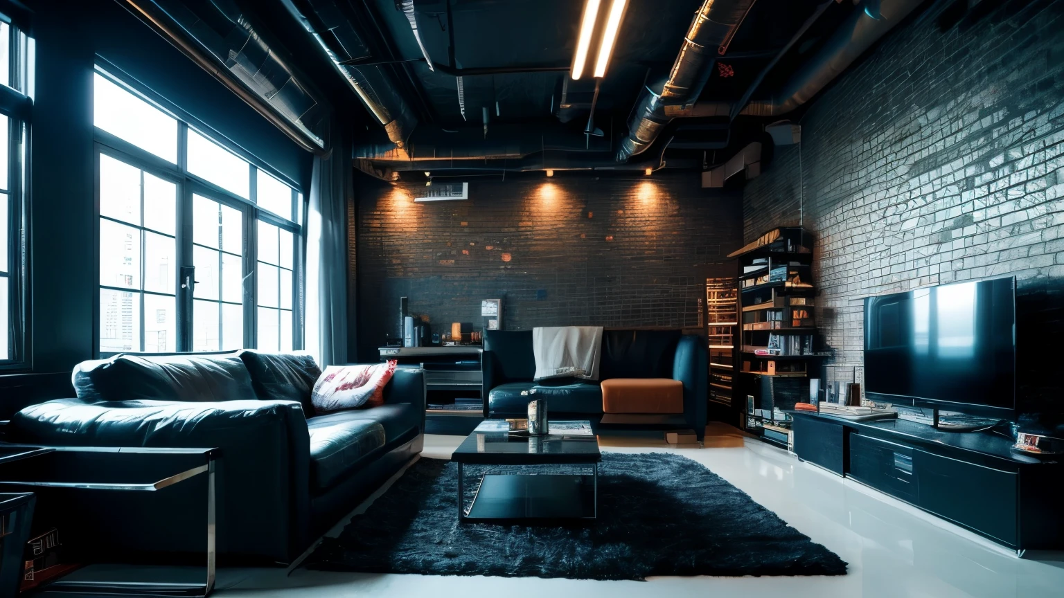 Cyberpunk living room in industrial interior design style with fine texture, stylish