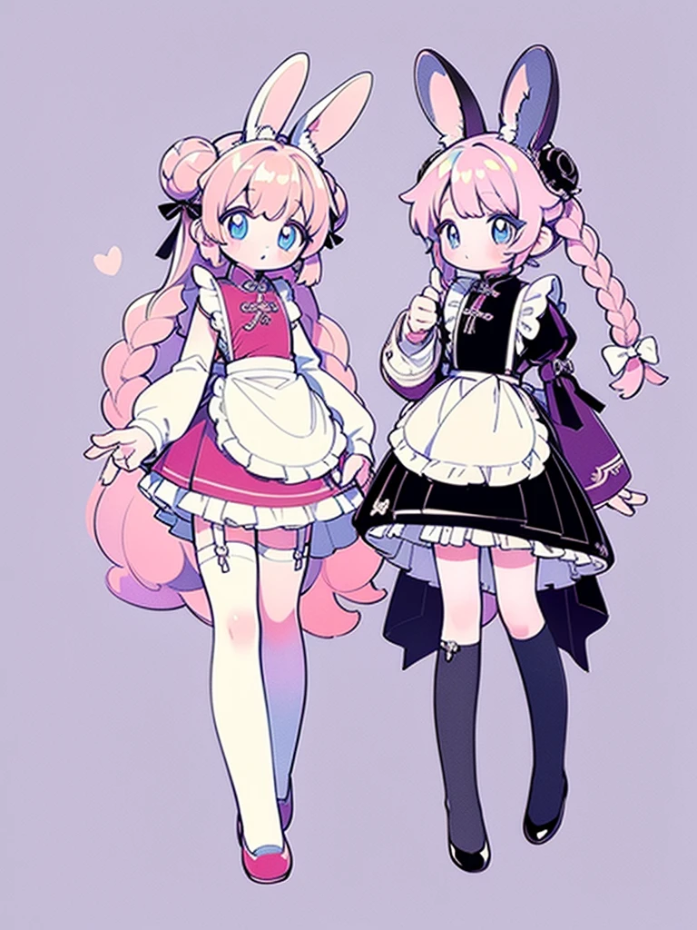  Shota boy character design full body costume design boy shota chinese garter belt light colored hair pink hair light blue eyes high quality high resolution dark natural flat head anime illustration shota thighs garter belt meat bun shorts and frilly apron full body character design legs visible rabbit ears shorts three braided long sleeve frilly shirt，