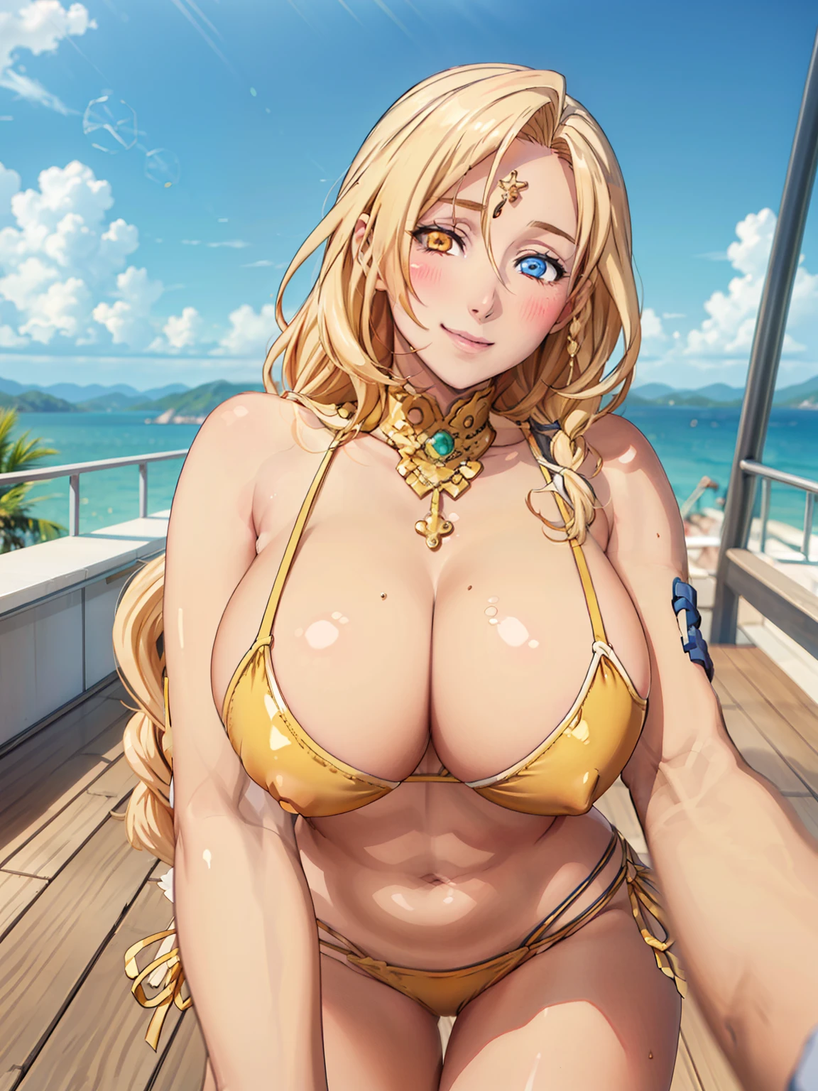 (POV Facesitting : 1.4), gold bikini, (luxury deck background), sarielx, anime cels style, best quality, high resolution, 1girl, (huge breasts:1.2), beautiful face, cowboy shot, heterochromia, god rays, braided bangs, long hair, smiling, happy face, blushing, looking at viewer