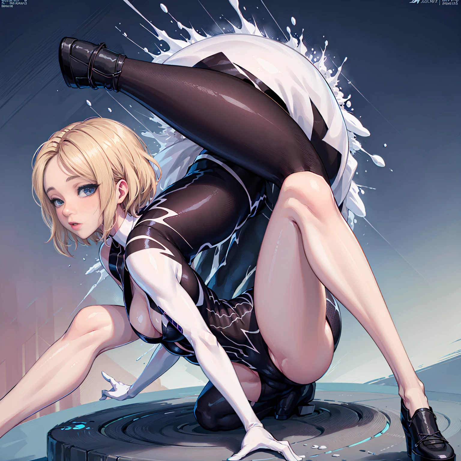 Gwen, organic-looking clothing ( degree of transparency)  organic clothing Venom Symbiote, fine arts, PS5 cinematic screenshot, Highly detailed cinematic rendering, raytricing ultra photorealistic | | | |, with cinematic lighting, (pointy breasts natural:1.2), wide hips correct anatomy, ((1girl:1.5))