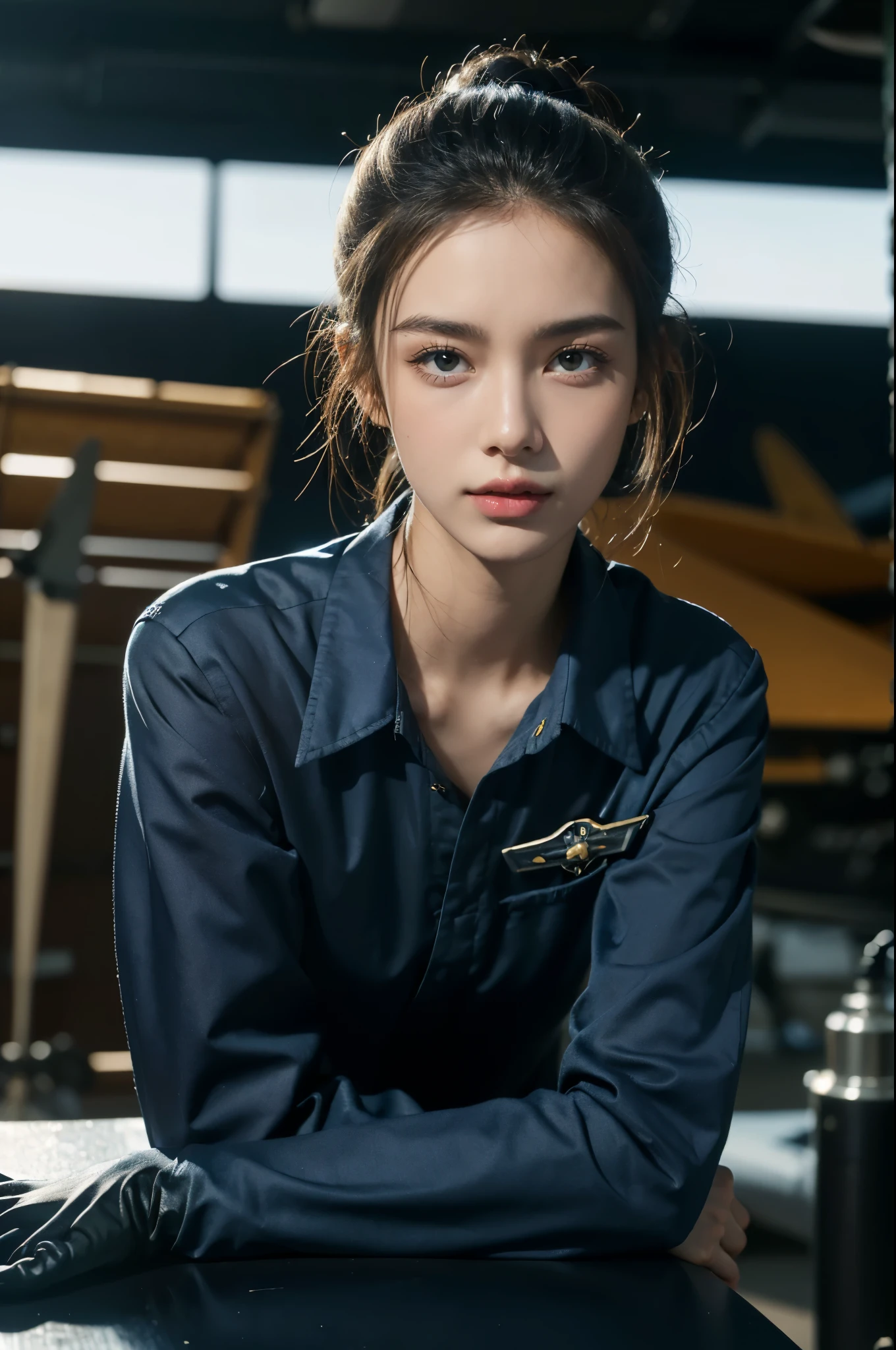 ((((8k))),((Extremely meticulous CG)) ,(wallpaper),16k,((Extremely refined and beautiful)),(((Masterpiece))),(((best qualtiy))),(((Ultra High Resolution))),beautiful light up,Perfect lightning,realistic shaded,(Smooth and flawless skin:1.5),(Extremely exquisite facial details:1.2),(perfect body:1.2),(ultra-detailed),((A beautiful girl,solo)),(small head:1.2),(pale skin:1.3),(short ponytail:1.2),(small face:1.2),(Exquisite makeup:1.2),((slim,thin)),(laughing:1.2),(happy:1.2),(small breasts:1.2),(flat chests:1.2),(dark blue collared military shirt:1.5),(sleeves:1.2),(gloves:1.3),(dark blue pants:1.3),(sneakers:1.2),(day scene:1.5),(In the fighter jet repair shop workshop:1.5),(fighter plane:1.5),(indoor:1.3),(Various maintenance tools:1.3),(Various aircraft parts:1.3),(dim lights:1.3),(Cyberpunk style:1.3),(detailed background:1.5),(Sitting on a small stool:1.3),(upper body:1.3),(from front:1.3),