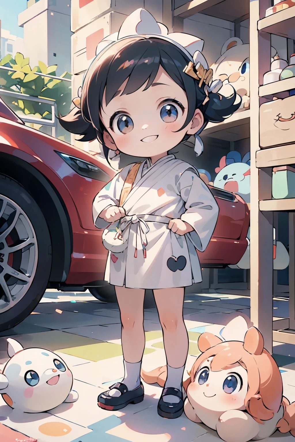 Octane Render、(hyper detail:1.15)、(soft light、sharp:1.2)、morning、 Posing in front of colorful EVs in a parking lot near the beach、 National costume、ethnic hair ornament、Ethnic characteristic shoes、 fujifilm、F/4.0、muste piece、 anatomically correct、smile、shining light、baby face