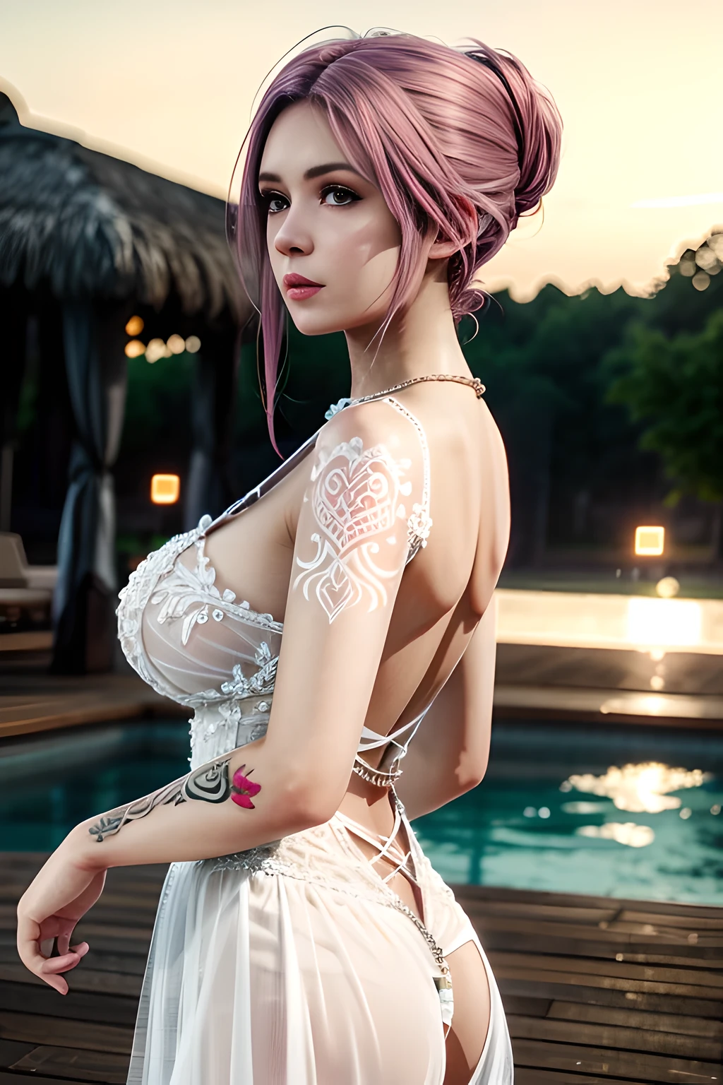 1 girl,standing posture,(( Backless Wedding Dress, see-through)), outdoor,elegant,nighttime,moonlighe,shiny skin,( huge breasts:1.1), lip gloss,( tattoos:1.3), masterpiece, best quality, realistic ,Surrealism,,Rich artistic colors, 8K,soft shadows,Portrait art,solo, elise,
