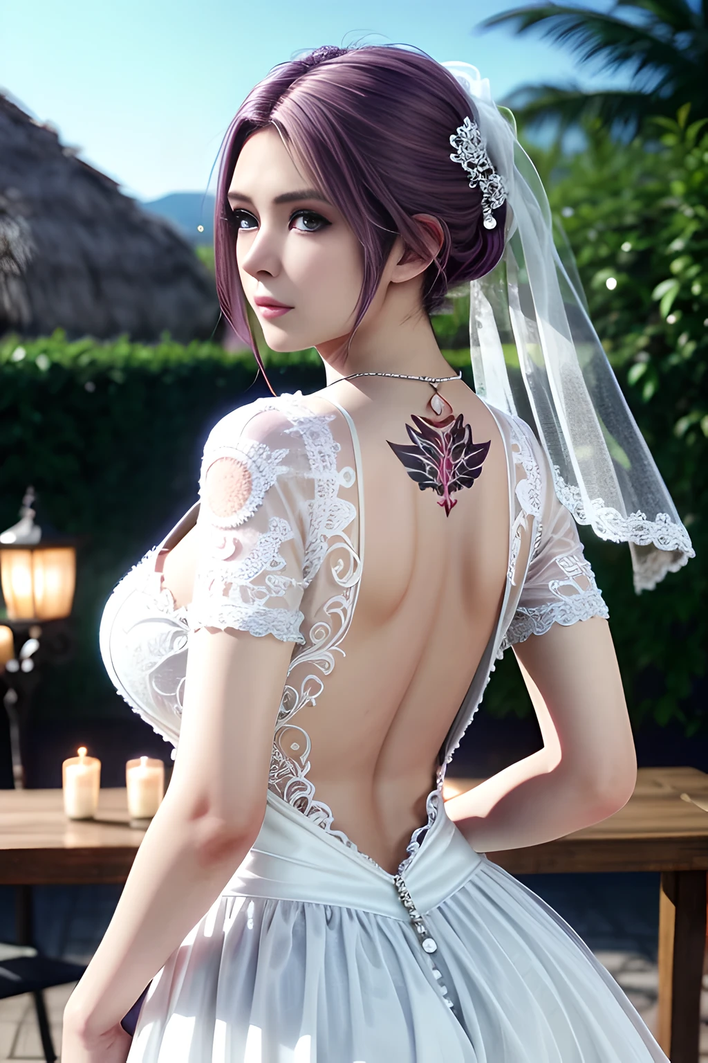 1 girl,standing posture,(( Backless Wedding Dress, see-through)), outdoor,elegant,nighttime,moonlighe,shiny skin,( huge breasts:1.1), lip gloss,( tattoos:1.3), masterpiece, best quality, realistic ,Surrealism,,Rich artistic colors, 8K,soft shadows,Portrait art,solo, elise,