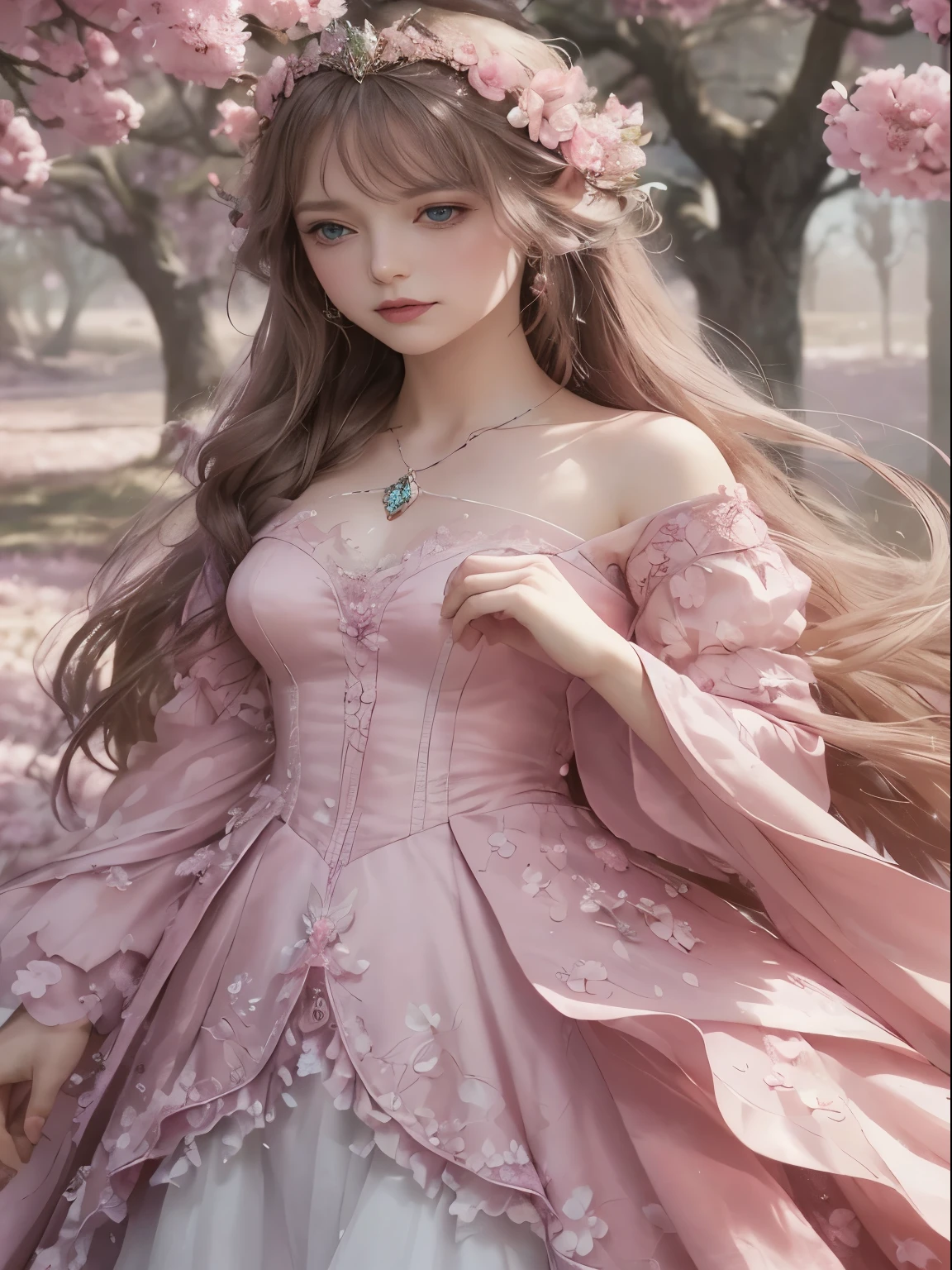 a woman in a pink dress is standing under a tree, fantasy dress, fantasy style clothing, beautiful fantasy maiden, romantic , fantasy outfit, ethereal fantasy, ethereal fairytale, pink dress, ethereal beauty, dressed in a pink dress, fantasy art style, magical dress, beautiful elven princess, ((a beautiful fantasy empress)), anime princess, fantasy aesthetic!