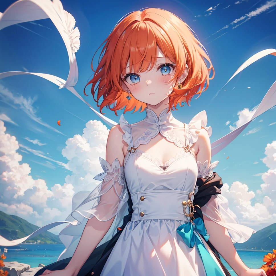 wide field of view, With the person as the main point of view,girl, short red hair, flipped hair, Crying Bangs, eyes visible through hair, White and orange hair, two tone hair, detailed beautiful face, embarrassed look, beautiful detailed deep eyes, Flat Chest Top Quality, stone accessories, Beautiful detailed dress, Cyan color scheme clothing, colorful flowers,Beautiful lake surface