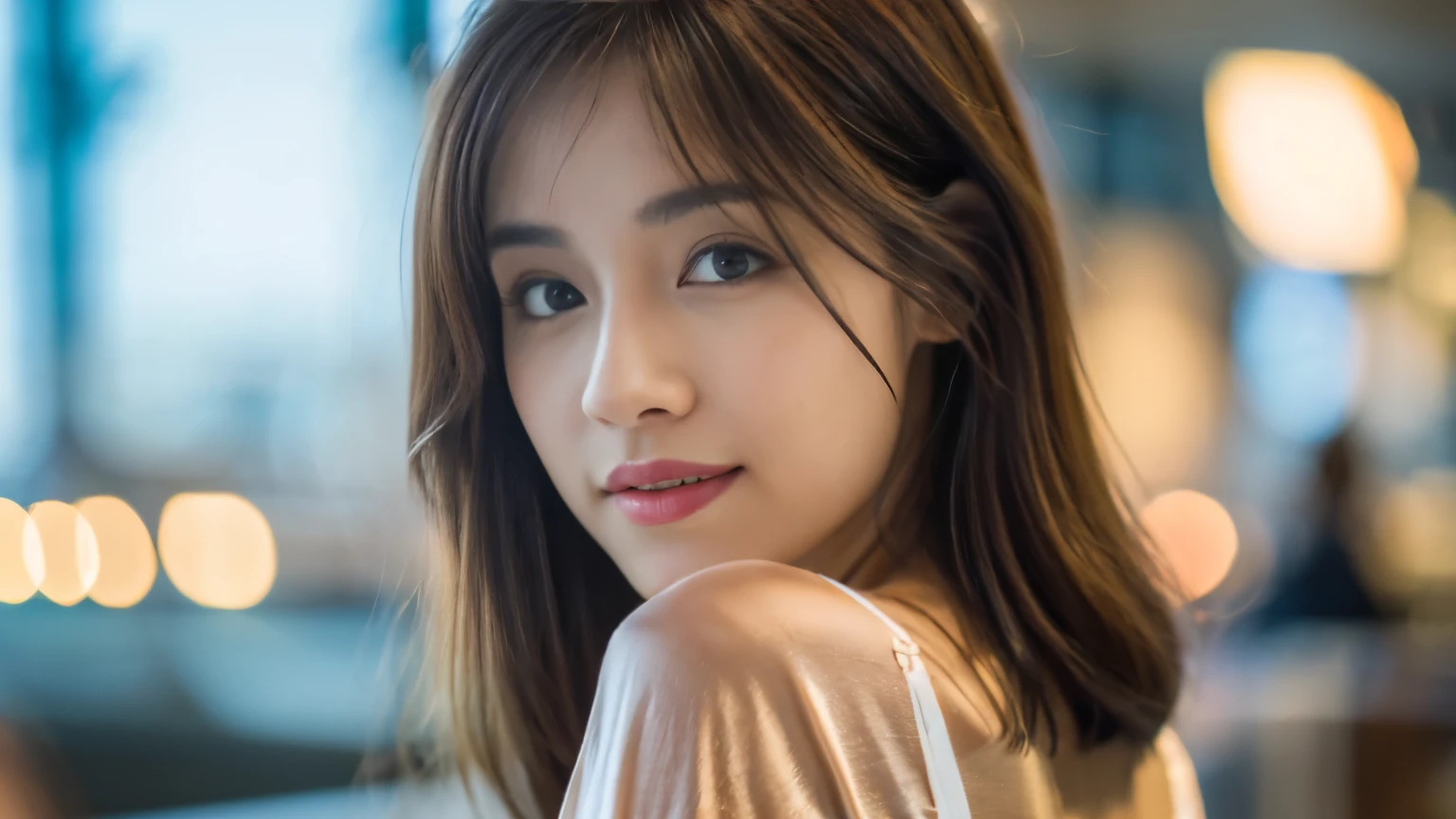 masterpiece, highest quality, 8K, 1 girl, correct human hand, correct human fingers, thin japanese woman, cute, girly, delicate woman, pure beauty, small breasts, Very small waist, sexy lips, luminescence, look away, Raw photo, f/1.8, 135mm, canon, anatomically correct, Bokeh,rough skin, professional photography, soft light, professional lighting, Backlight, film grain, (Eye and face details:1.0), brown hair, Medium hair swaying in the wind, silk blouse,Waiting for the flight at the airport cafe terrace,Before leaving for overseas travel