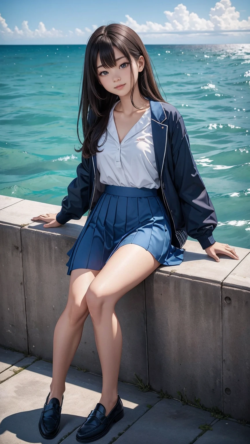 ((最high quality, 8K, masterpiece: 1.3, Ultra HD, high quality, 最high quality, High resolution, realism)) 、An extremely beautiful 18-year-old Japanese woman、Hair color is brown、black eye、medium hair、straight hair、smile、Slender but well-proportioned, slim and muscular body、Athlete-like body type、I don't want my head to disappear from the screen.、sit on a high breakwater on the beach、The blue sky is beautiful、There is an entrance cloud、It's summer、I'm wearing a sailor suit、Wear a navy blue pleated skirt、wear loafers、There is a road in front of the breakwater、There is a sign indicating the bus stop.、The sea is beautiful、The horizon looks beautiful、An island can be seen off the coast