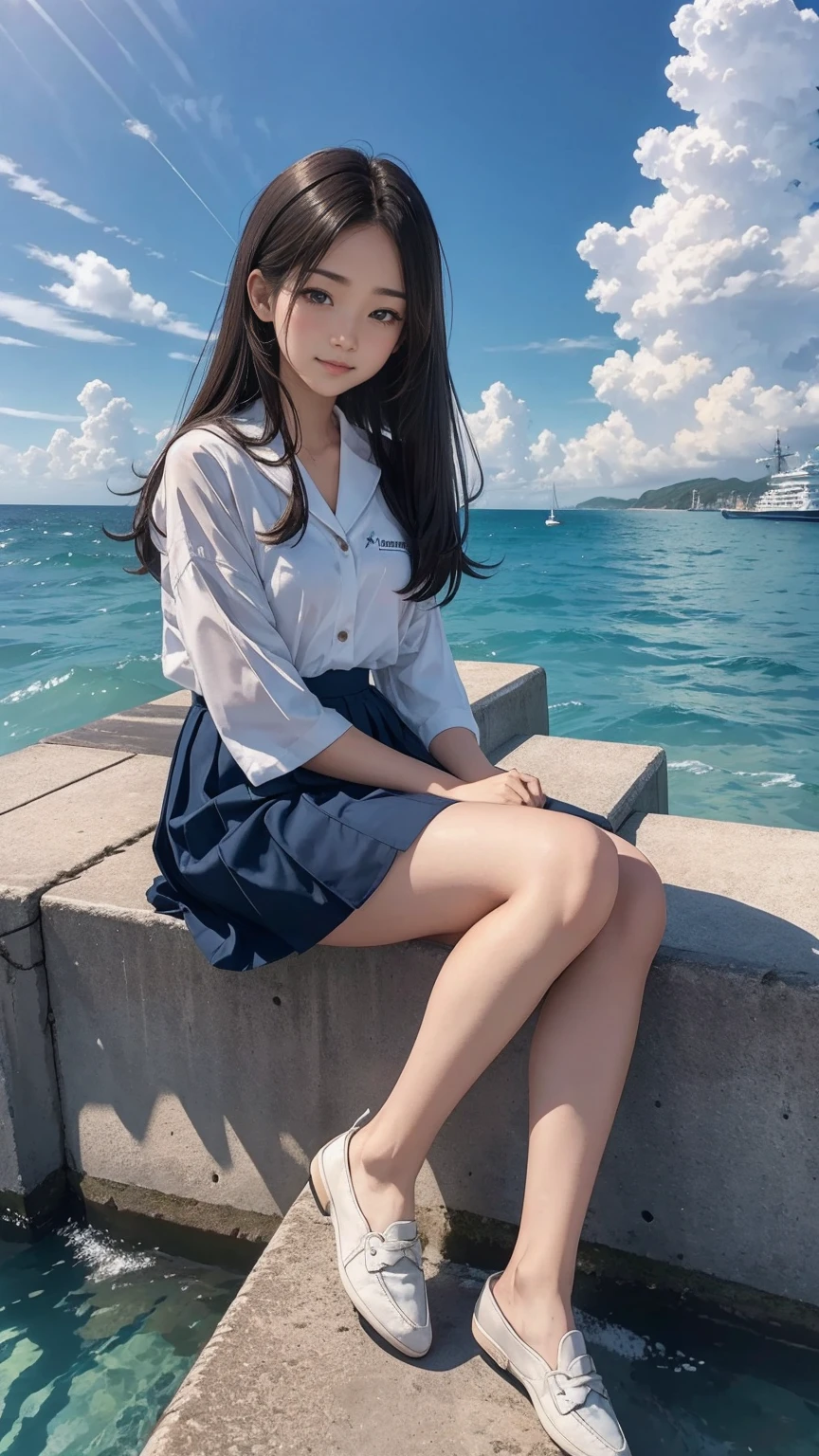 ((最high quality, 8K, masterpiece: 1.3, Ultra HD, high quality, 最high quality, High resolution, realism)) 、An extremely beautiful 18-year-old Japanese woman、Hair color is brown、black eye、medium hair、straight hair、smile、Slender but well-proportioned, slim and muscular body、Athlete-like body type、I don&#39;t want my head to disappear from the screen.、sit on a high breakwater on the beach、The blue sky is beautiful、There is an entrance cloud、It&#39;s summer、I'm wearing a sailor suit、Wear a navy blue pleated skirt、wear loafers、There is a road in front of the breakwater、There is a sign indicating the bus stop.、The sea is beautiful、The horizon looks beautiful、An island can be seen off the coast