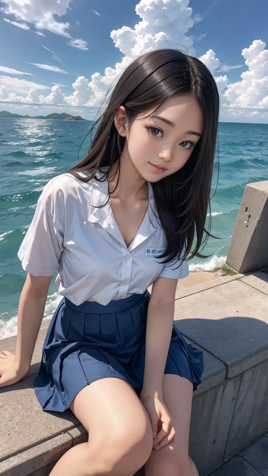 ((最high quality, 8K, masterpiece: 1.3, Ultra HD, high quality, 最high quality, High resolution, realism)) 、An extremely beautiful 18-year-old Japanese woman、Hair color is brown、black eye、medium hair、straight hair、smile、Slender but well-proportioned, slim and muscular body、Athlete-like body type、I don't want my head to disappear from the screen.、sit on a high breakwater on the beach、The blue sky is beautiful、There is an entrance cloud、It's summer、I'm wearing a sailor suit、Wear a navy blue pleated skirt、wear loafers、There is a road in front of the breakwater、There is a sign indicating the bus stop.、The sea is beautiful、The horizon looks beautiful、An island can be seen off the coast