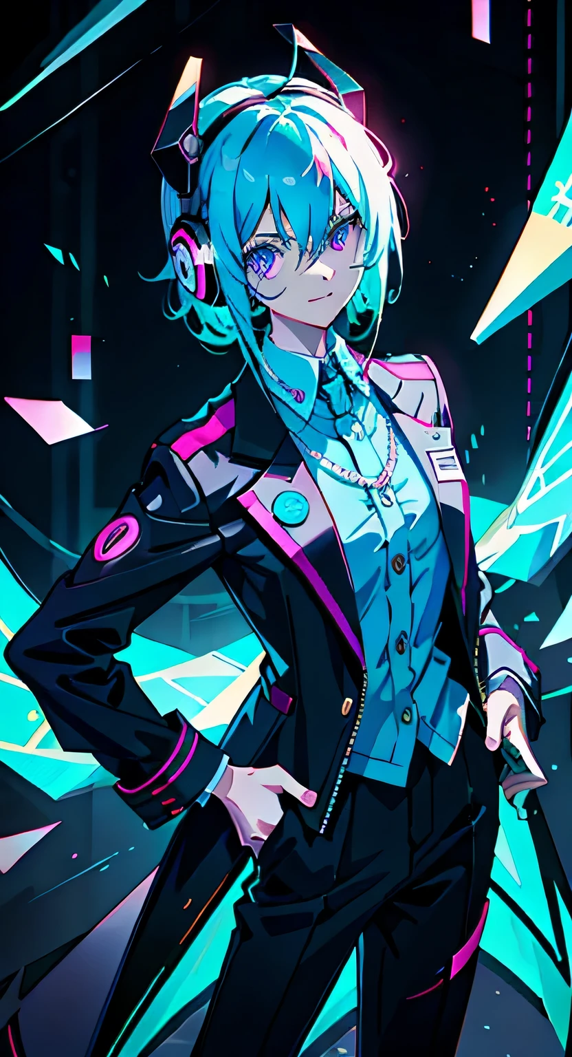 Anime girl medium hair, wearing a suit, The eyes are glaring sharply、A scheming smile, neon blue hair, scar, sticker, Overall shot in neon style, Cool pose with hands over ears, headphones