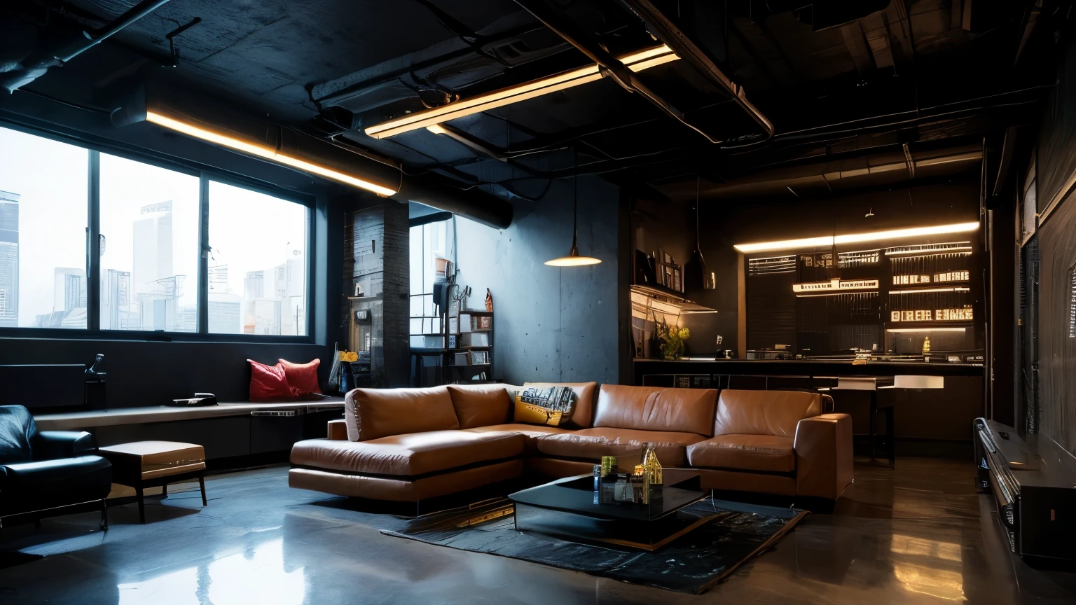 Cyberpunk living room in industrial interior design style with fine texture, stylish