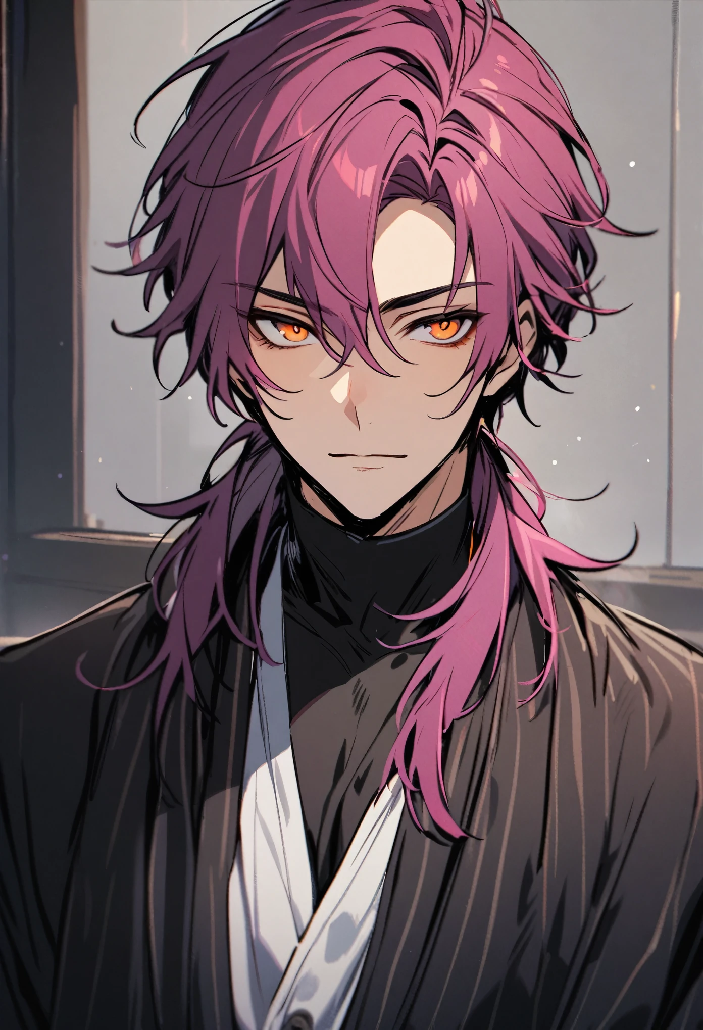 Handsome, solo, 1 male, magenta hair, orange eyes