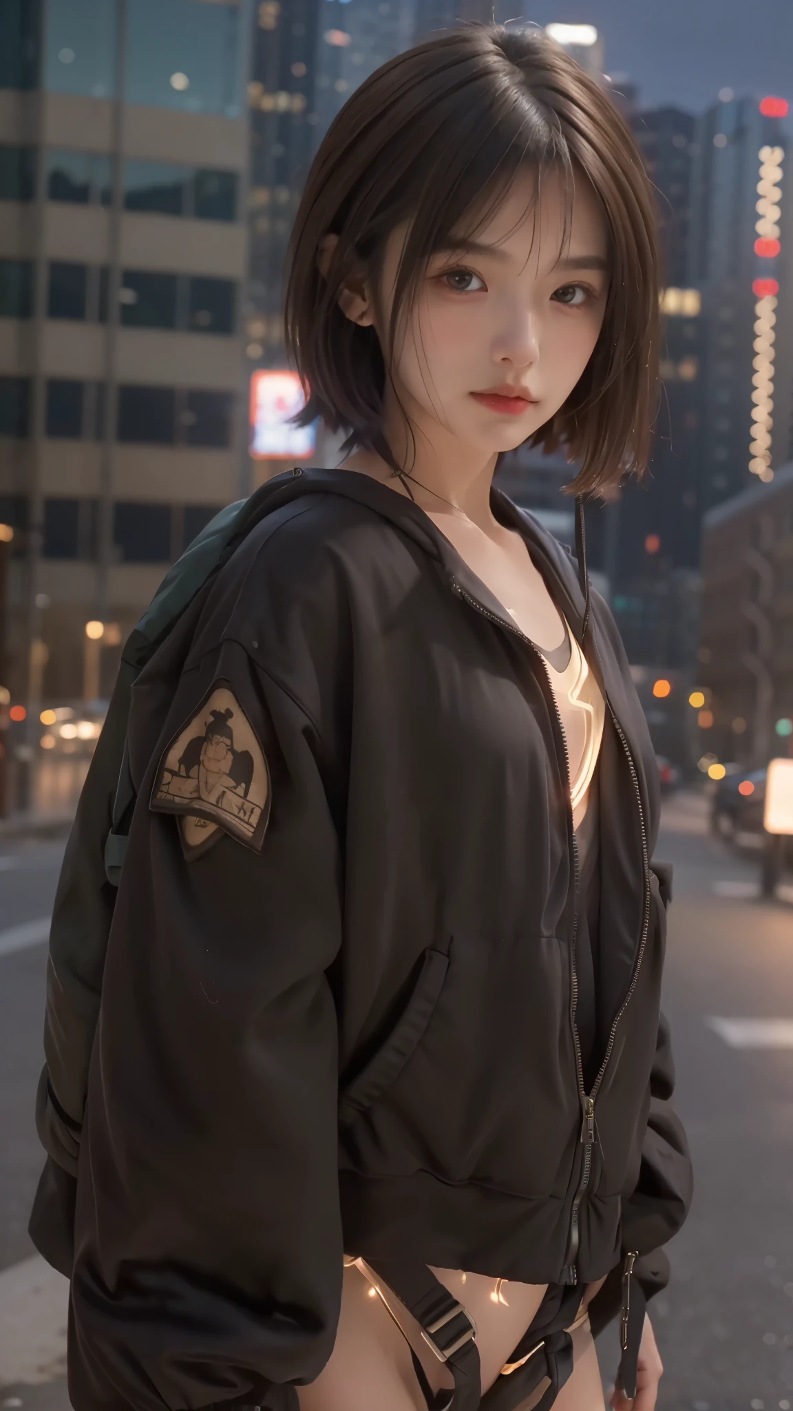 RAW shooting,最high quality, masterpiece, 超High resolution, (realistic:1.4), Raw photo, 1 girl,, short hair, (masterpiece, 最high quality, high quality, High resolution, Super detailed),brown hair, (Night lights:1.4), Cyberpunk attire、Layer Color、Clothes with many zippers、baggy clothes