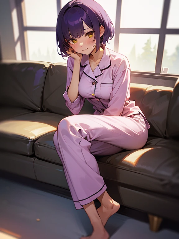 full body, 1 girl, purple hair, short hair, yellow eyes, medium breasts, living room, modern villa, detailed background, highres, highly detailed face, Detailed eyes, shy expression, blush, good proportions, happy smile, homey, girlfriend, pink pajamas,