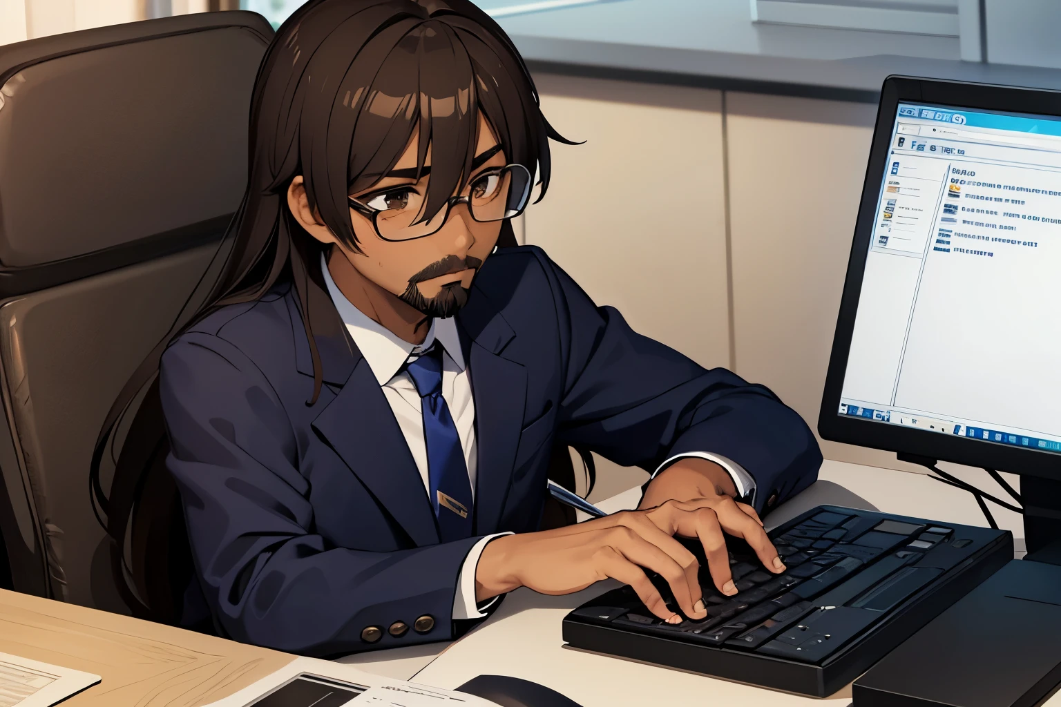 1boy, dark skin, male, male focus, few facial hair, long hair, hair over the eyes, hair between the eyes, typing, typing on the computer, office clothes, tie, brown eyes, brown hair, looking at the computer, wearing glasses, failed mustache