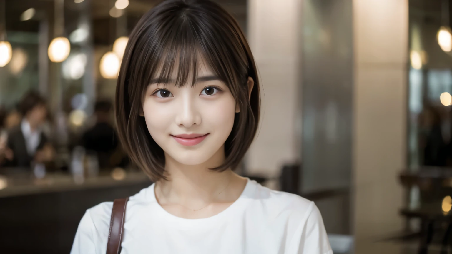 young japanese woman, 30 generations, white background, Background of the stylish cafe interior at the airport, white brown hair, thin, 4k, 8K, high quality, beauty, smile, beautiful eyes, It is characterized by its simplicity, High resolution,1 person,Clean clothes, Waiting for an overseas flight at an airport cafe