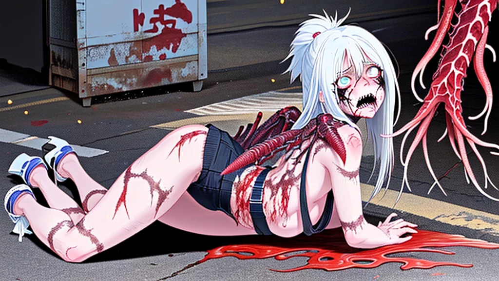 Zombie girl,With vampire teeth,lie on the floor,Show crotch,white transparent,凸起Sexy,There are on the street,Watch,Spread the joy of leg presses,Clothes are tattered,There are bite marks on the body,View from the side,pained expression,Sexy,forward and backward,Half-kneeling position,His whole body is covered with blood,crazy,Bite marks all over the body,Skin changes,Grow claws,The main character is biting another ,Cultivated meat wings,Grow a tail made of red flesh,Spread your legs,Growing extra tentacles,The body is crawling with parasites,