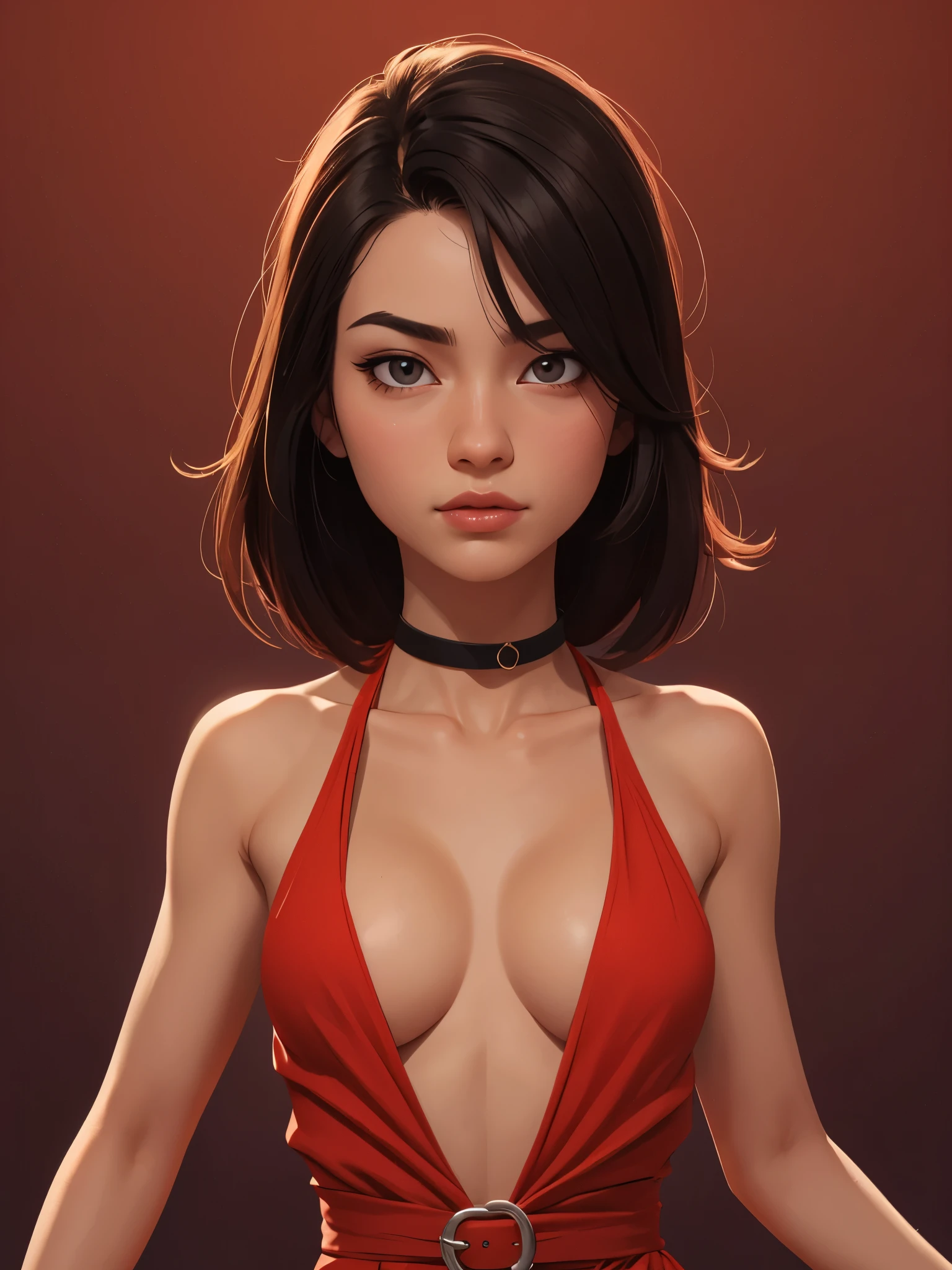 one asian girl, ada wong, solo, abs, slender body, (upper body, bust:1.2), black eyes, black hair, pixie haircut, choker, (red dress, tiny breasts, small breasts, male chest, cleavage, exposed breasts, open breasts, naked breasts:1.5), bare shoulders, belts, shoulder-belts, masterpiece, highly detailed, look at viewer, shiny blured orange background, gradient sprayed background, front view, gradient red purple background, blured background, glowing edges of image