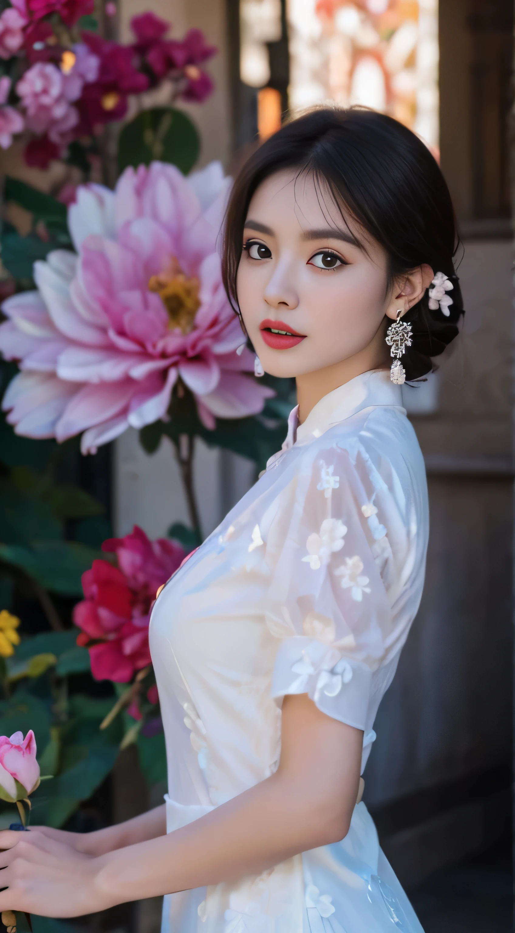 (masterpiece, top quality, best quality, official art, Beautiful and beautiful:1.2), Very detailed,(fractal art:1.1),(rich and colorful:1.1)(flowers:1.3),highest detail,(Zentangle:1.2), (dynamic poses), (shiny skin), (many colors:1.4), ,(earrings:1.4), Beautiful girl in retro color ao dai, actual:1.3, street, cyberpunk, Sunlight, Backlighting, ((((high dynamic range)))), intricate scenes, art station, intricate details, vignette
