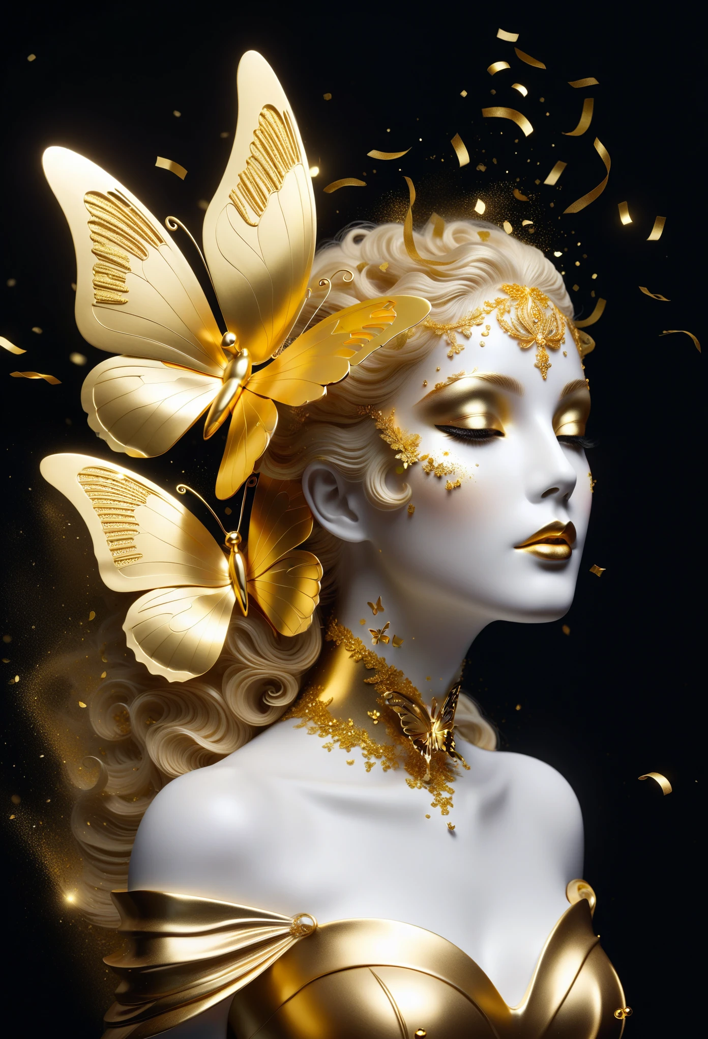 gold leaf art：1.5.Made of platinum，Golden mask，statue，Flowing golden sands，Still Life Table Setting，dark background，Woman portrait sculpture，look up，Golden butterfly on cheek，Hollow butterfly wings，Gold Crumbs，Gold particles，modern style, High resolution, artwork，Advanced complex technology，(((Gold confetti falling in the air，Gold foil confetti：1.5)))
