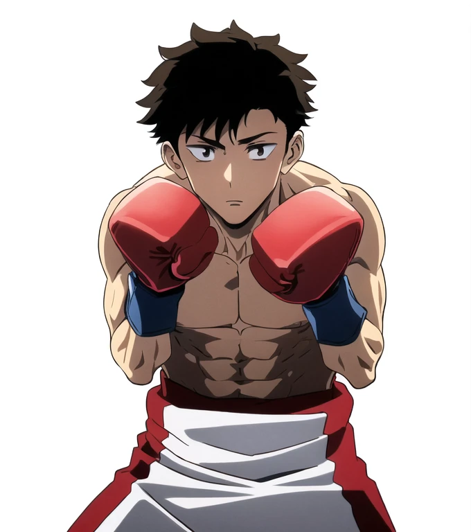 (Illustration, high resolution, best quality: 1.5, masterpiece, minimalist, simplistic detail, anime), solo: 2, fit male, adult male, upper body, half body portrait, shirtless: 2, boxer, boxing gloves, vox machina style, itadori yuji, blond: 1.5, shaded face, dark shade face,
