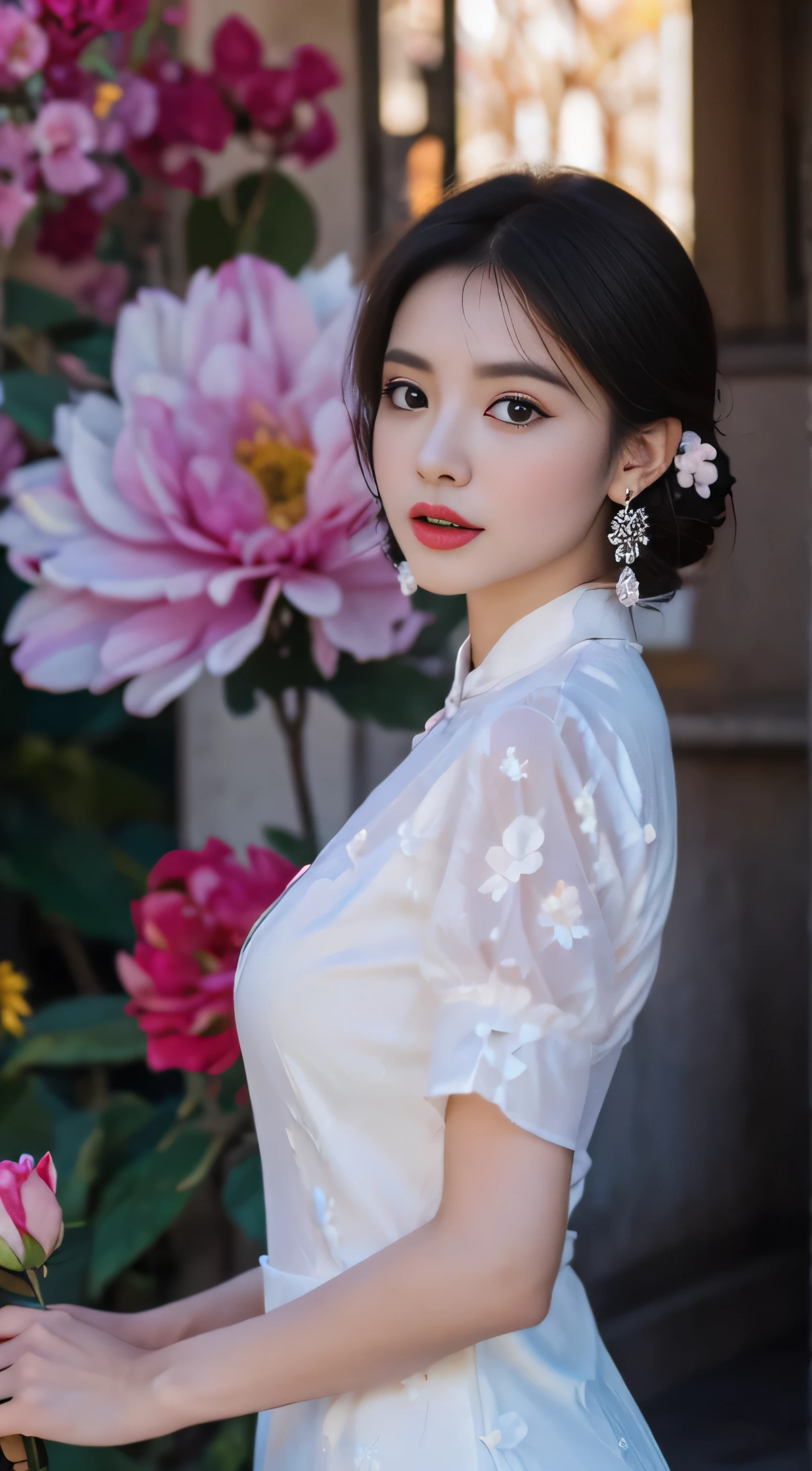 (masterpiece, top quality, best quality, official art, Beautiful and beautiful:1.2), Very detailed,(fractal art:1.1),(rich and colorful:1.1)(flowers:1.3),highest detail,(Zentangle:1.2), (dynamic poses), (shiny skin), (many colors:1.4), ,(earrings:1.4), Beautiful girl in retro color ao dai, actual:1.3, street, cyberpunk, Sunlight, Backlighting, ((((high dynamic range)))), intricate scenes, art station, intricate details, vignette